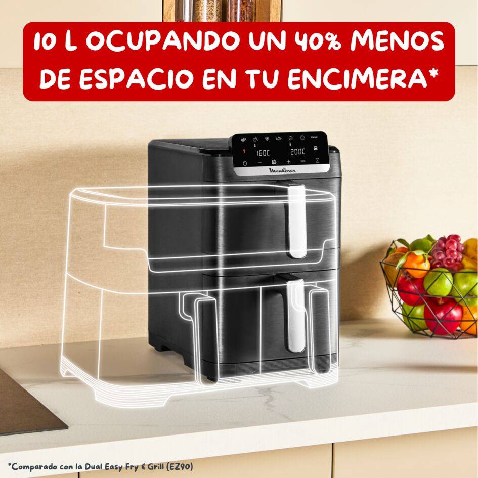 Dual Easy Fry Stack, Freidora de aire doble cesta vertical, 10 Litros, 7 Programas Automáticos, Compacta, 40 % Ahorro Espacio, Negro