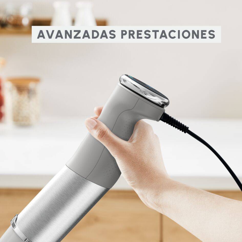 Quickchef+, Batidora de mano, 20 velocidades, Vase medidor y vaso picador, Modo silencioso, Cuchillas con tecnología Powelix, Gris