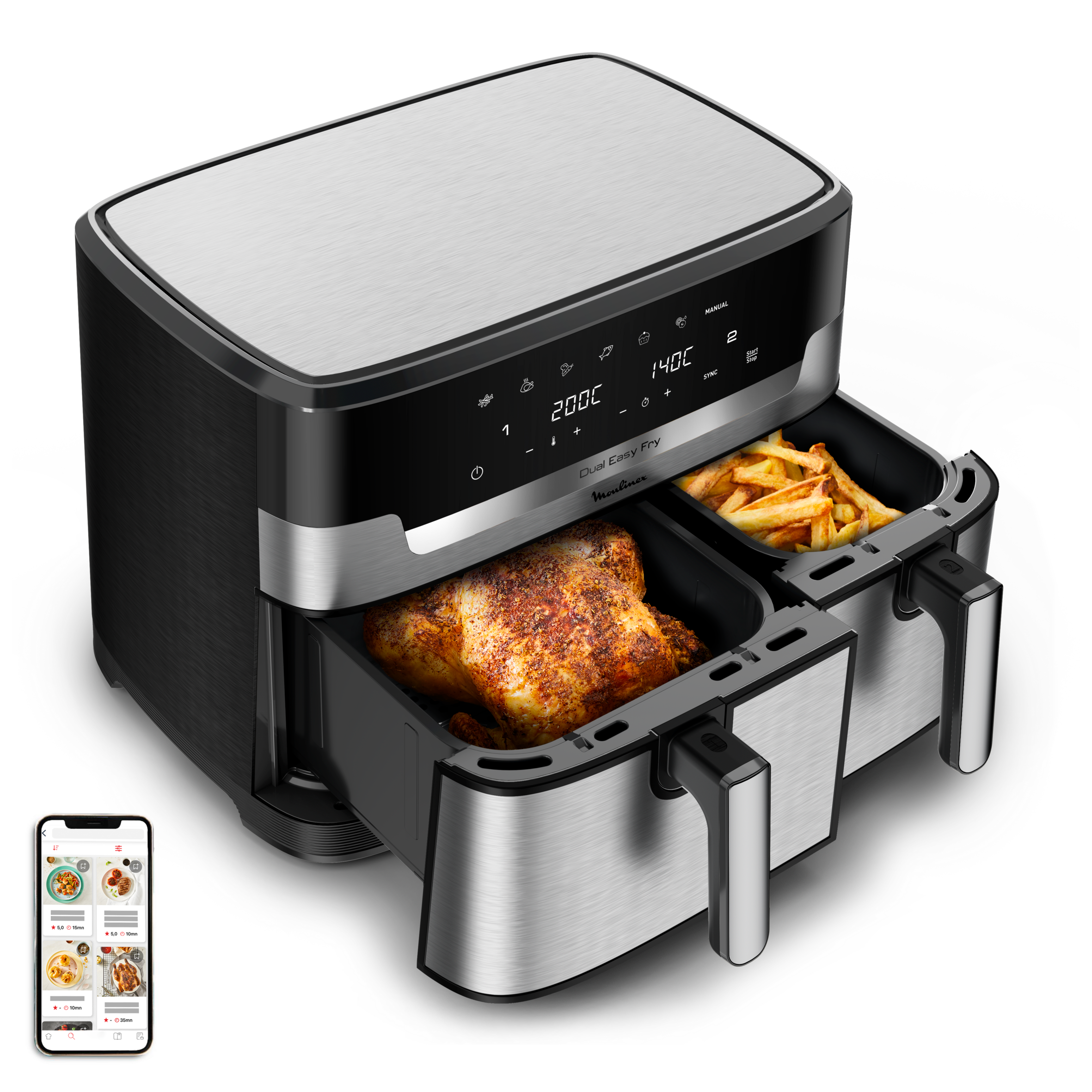 Dual Easy Fry, Freidora de aire de doble cesta XXL, 11 L, 2700 W, Cocción Sincronizada, +8 personas