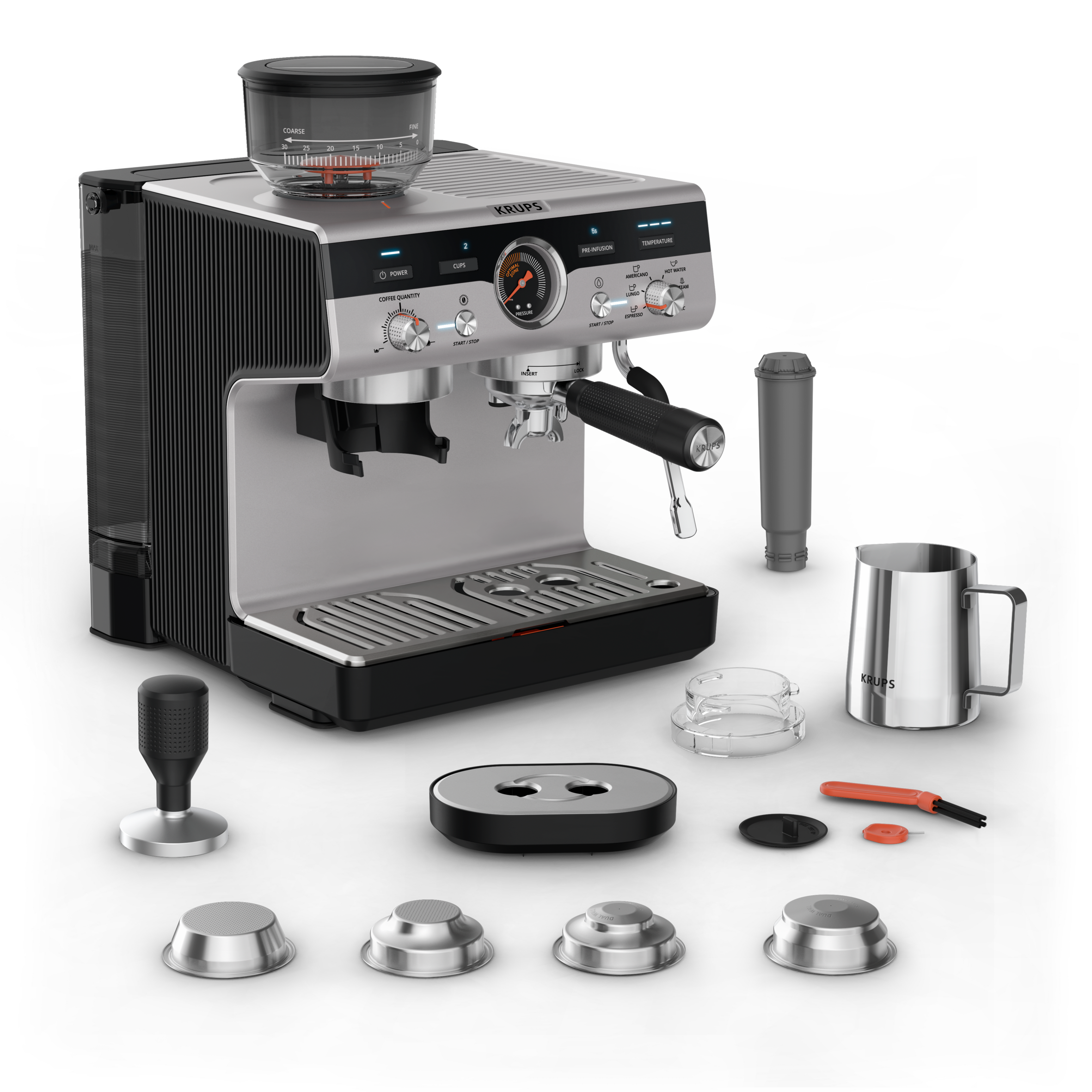Precision, Cafetera profesional para espresso y capuccino, Molinillo cónico integrado, 30 ajustes de molienda, 15 bares, Inox