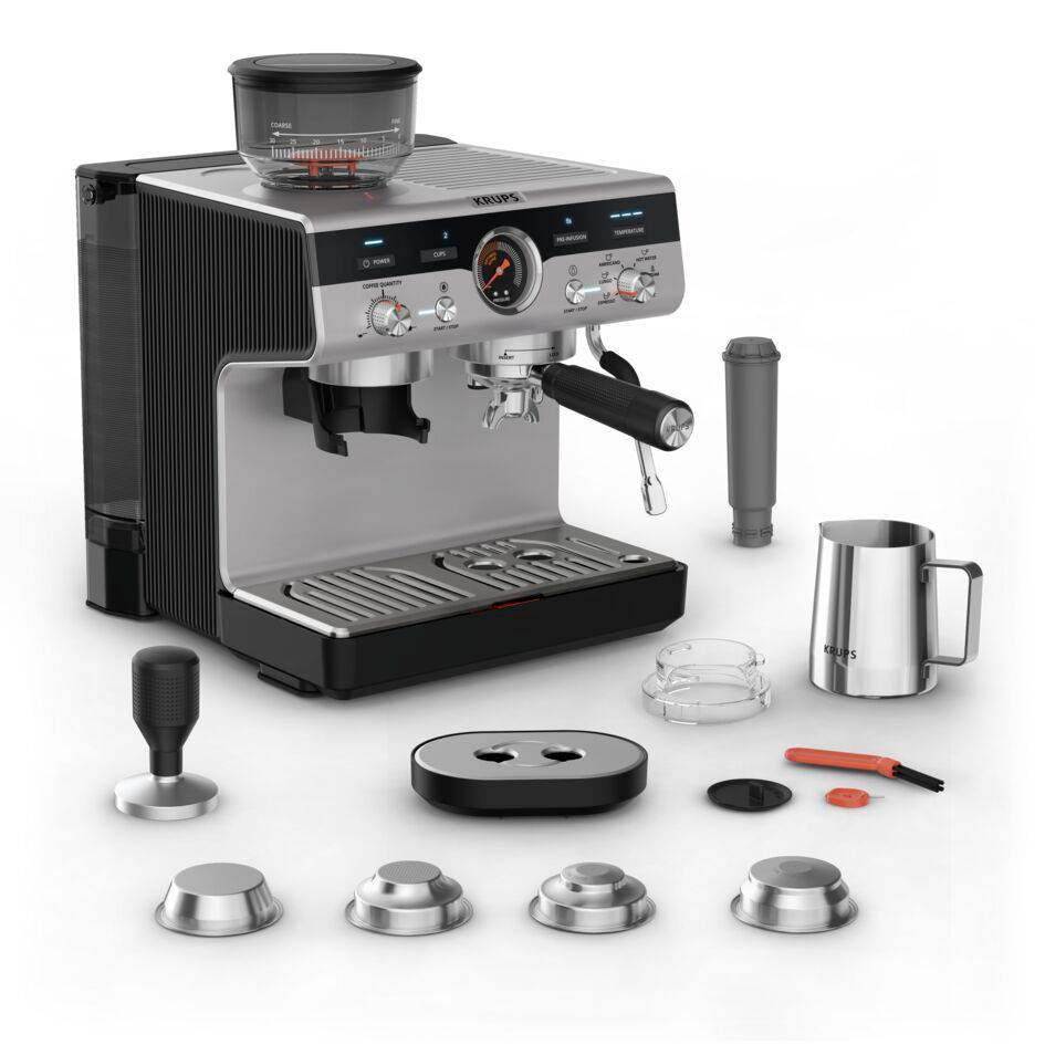 Precision, Cafetera profesional para espresso y capuccino, Molinillo cónico integrado, 30 ajustes de molienda, 15 bares, Inox