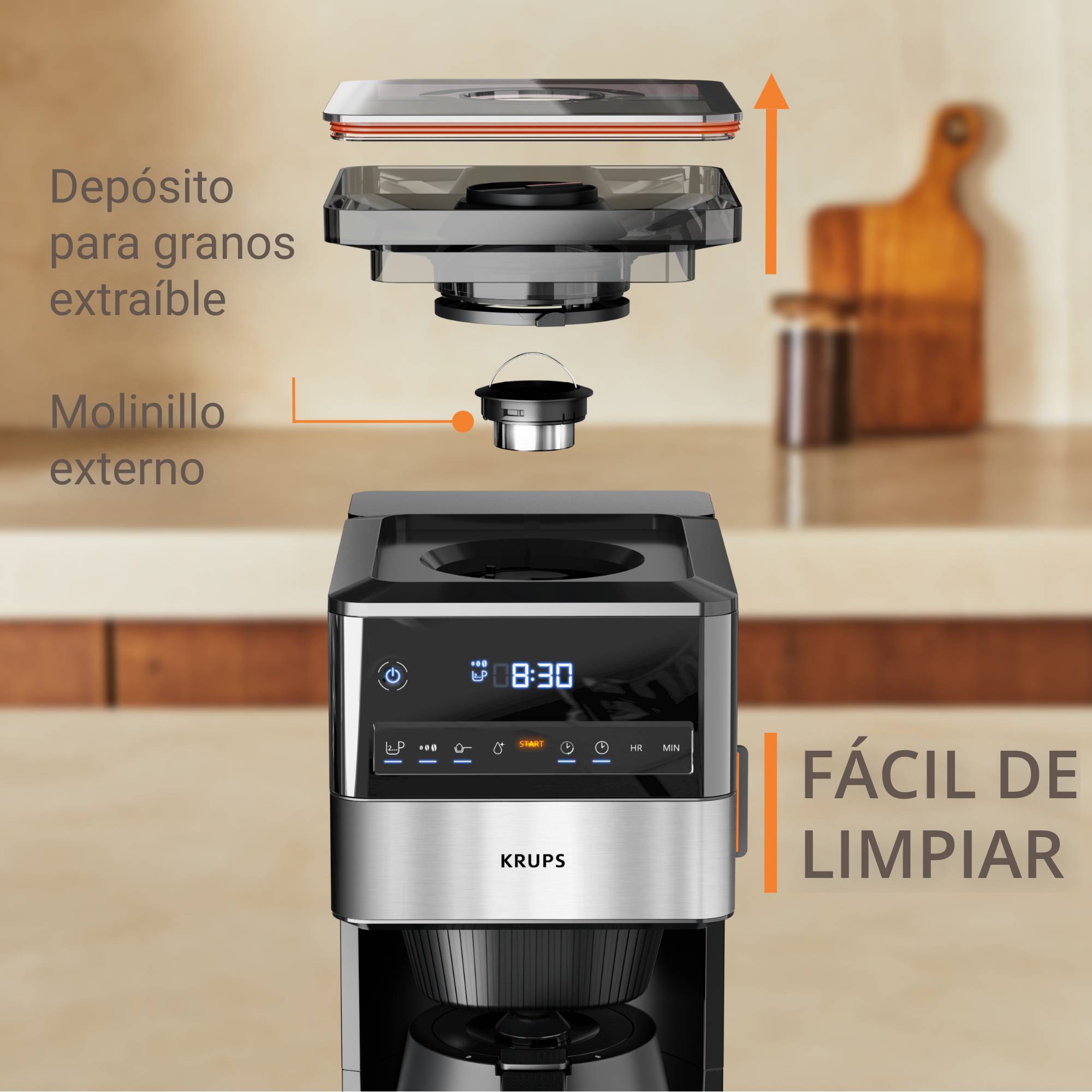 Grind Aroma XL, Cafetera de Filtro, Molinillo Cónico Desmontable, Jarra Térmica
