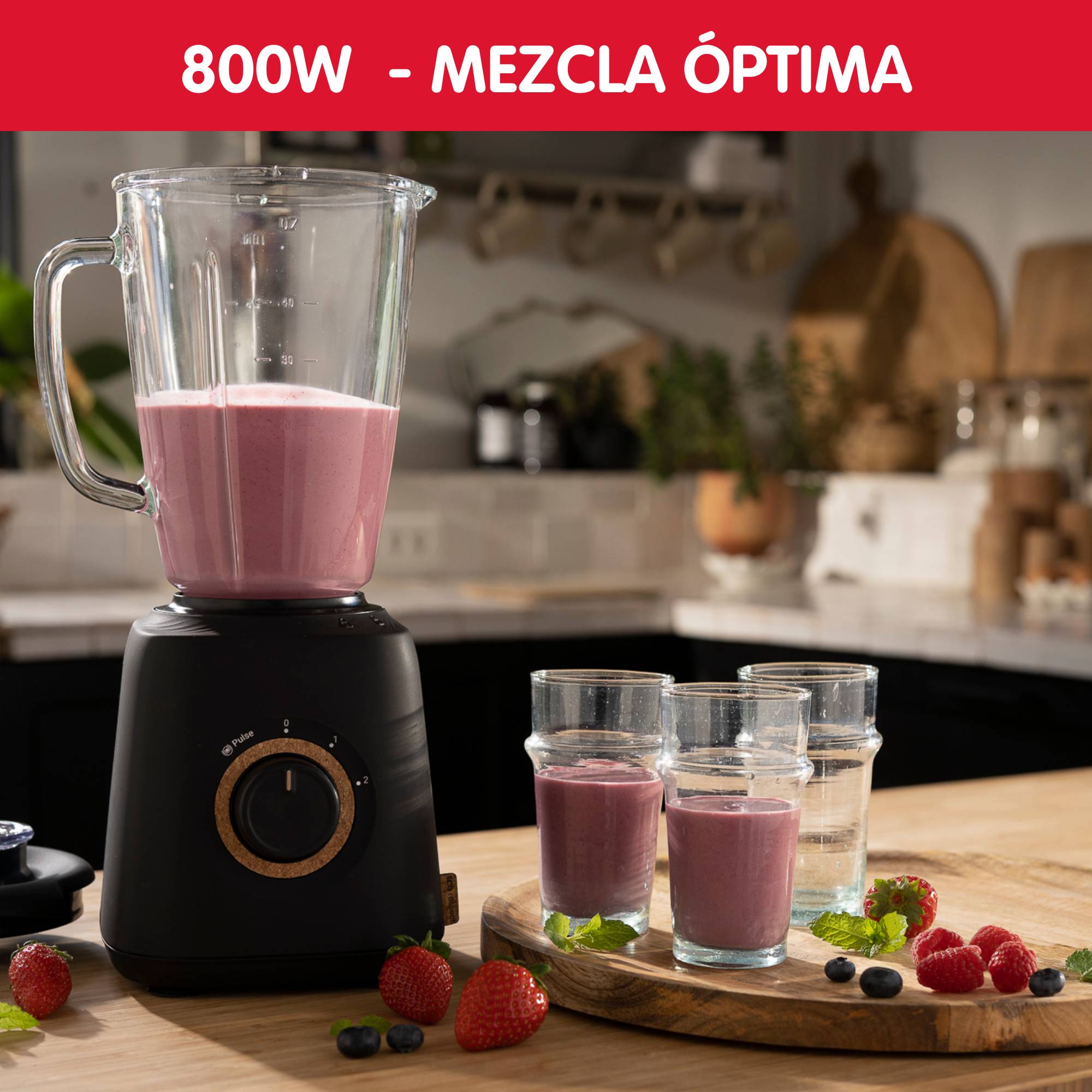 Eco Respect, Batidora de vaso, Diseño ecológico, Materiales reciclables, 1,75L, 4 cuchillas, 800W, Negro