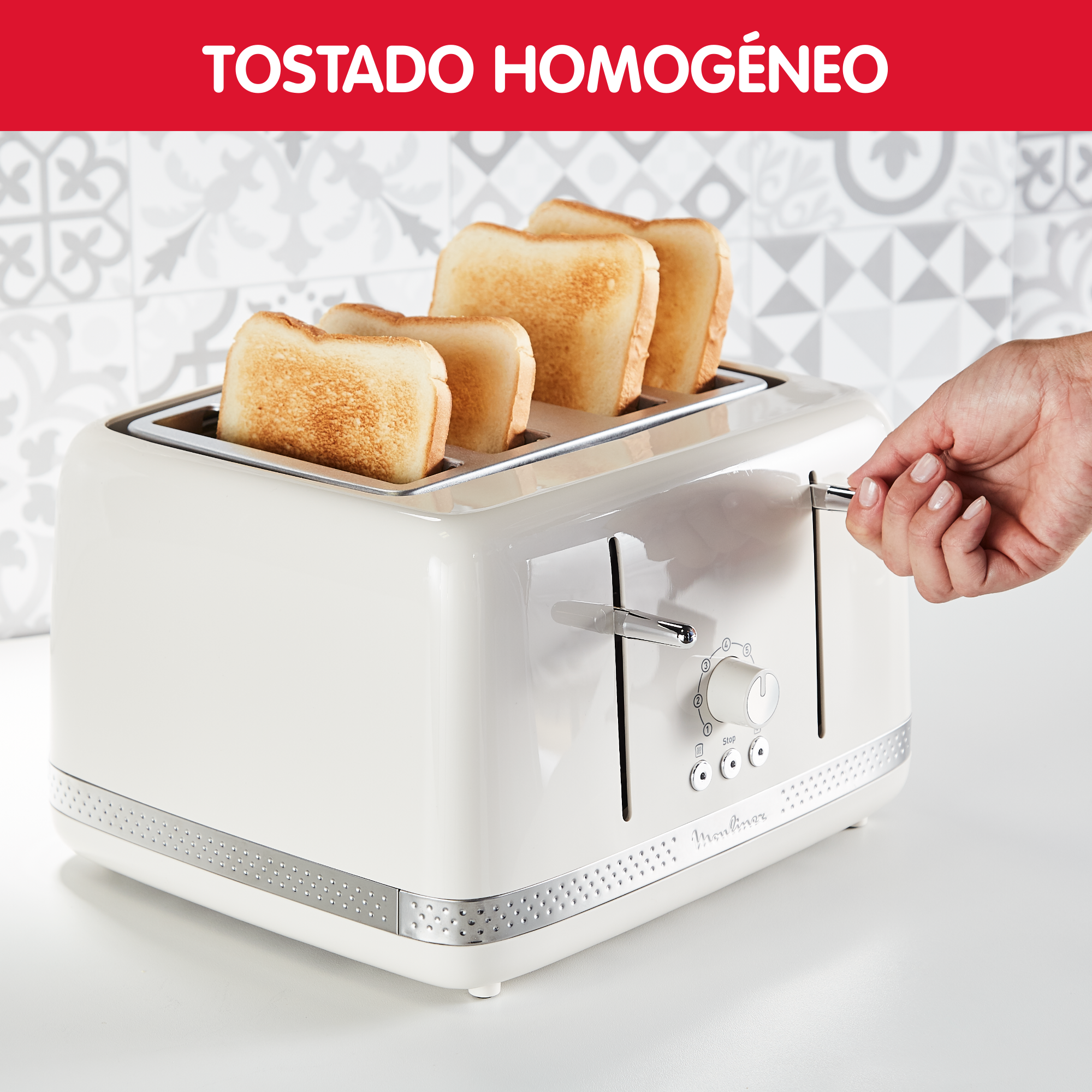 Soleil, Tostadora de 4 Ranuras, 1700 W, 7 niveles de tostado, 3 funciones con luces, Diseño moderno, Bandeja recogemigas extraíble