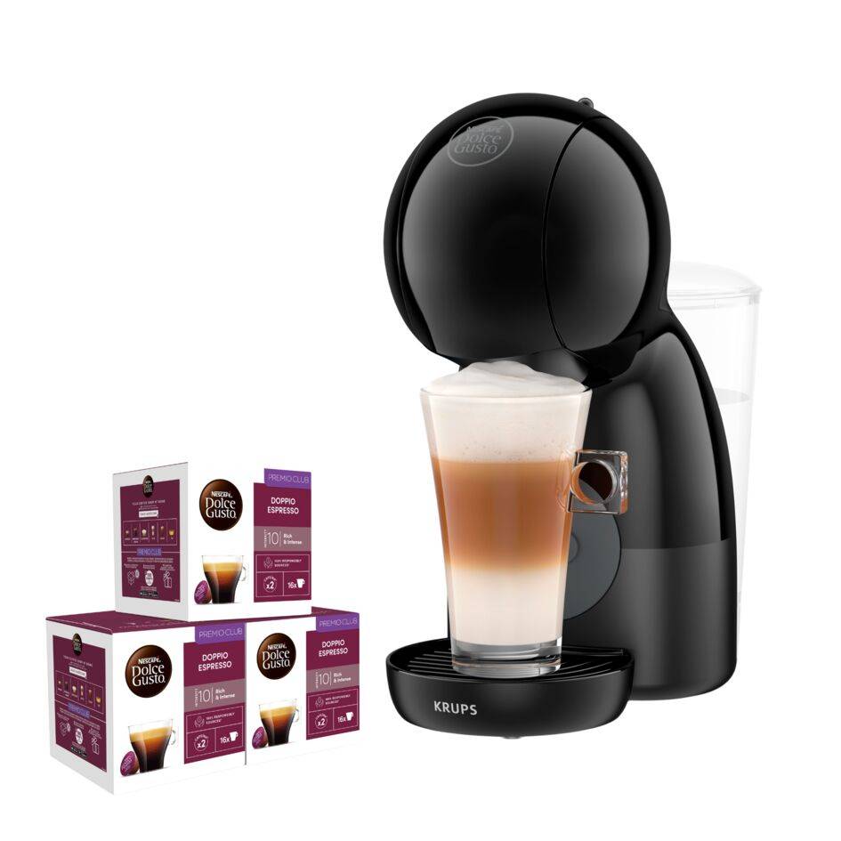 Piccolo Xs, Cafetera de cápsulas multibebida, 3 Packs Espresso DOPPIO, 15 bares, Bebidas frías y calientes, Negra y Gris