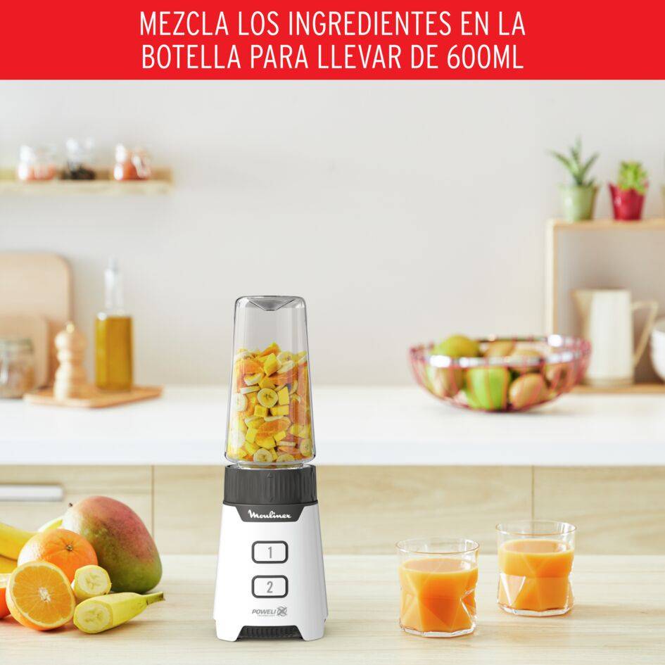 Minimix, Minibatidora compacta de vaso de cristal, 400 W, Tecnología Powelix, Cuchillas extraíbles, 2 velocidades, Vaso de cristal, Botella para llevar, Accesorio picador