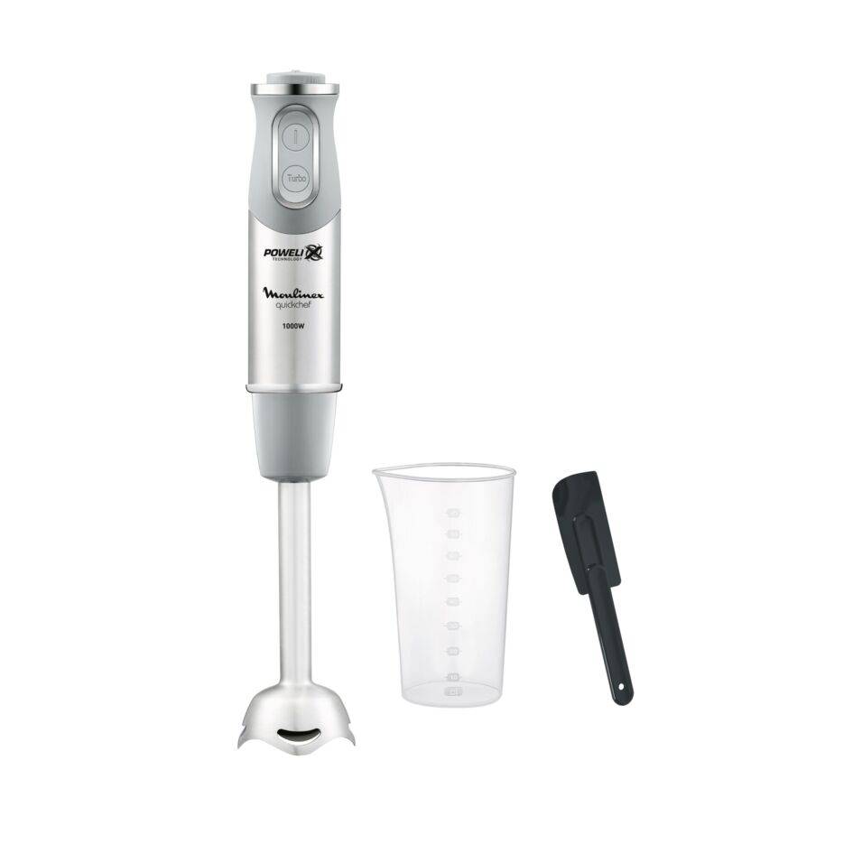 Quickchef, Batidora de mano + Espátula, Pie metálico, 1000 W, 10 velocidades, Vaso medidor 800 ml, cuchillas Powelix, Gris