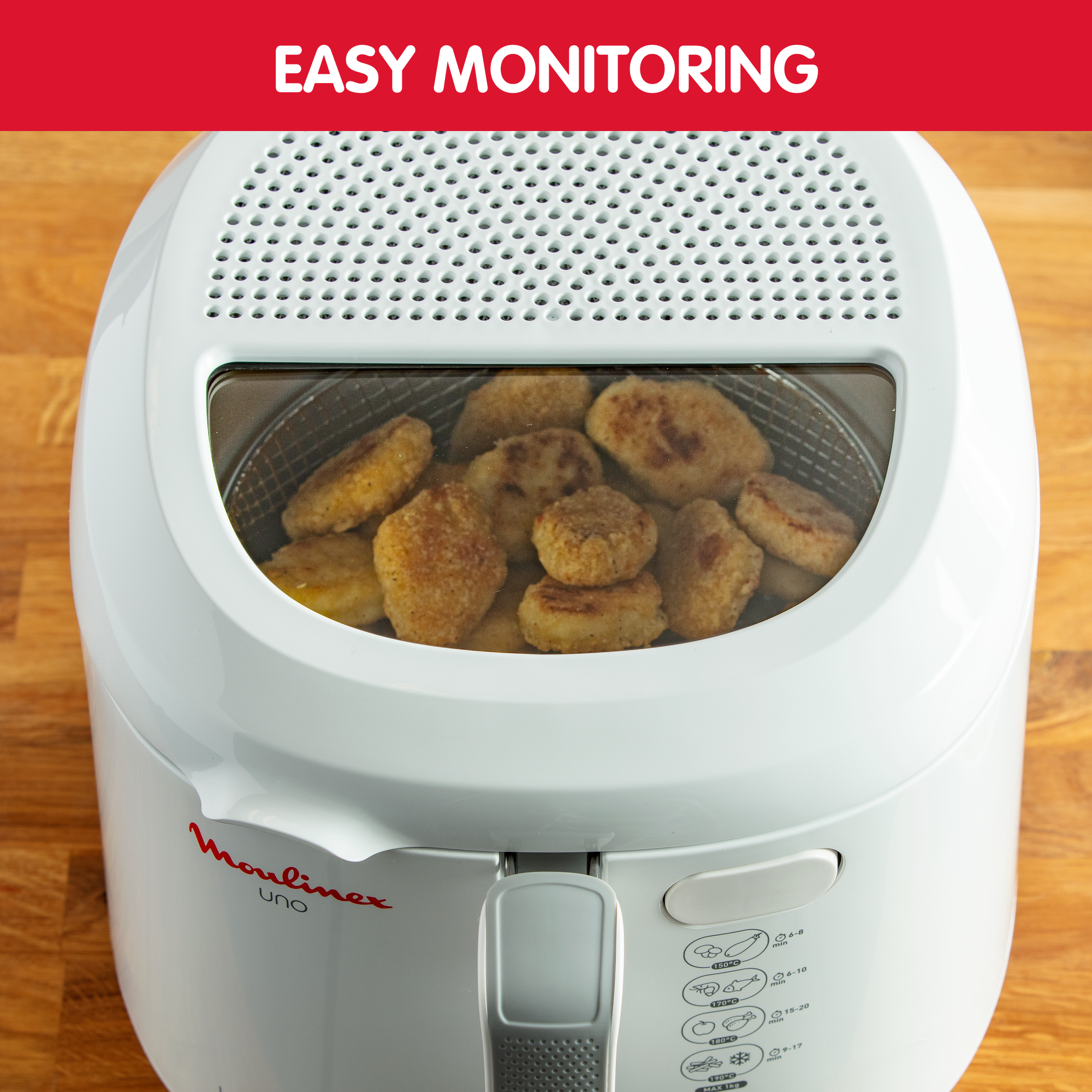 Fry Uno, Freidora de aceite, Capacidad de 1 kg, Para 4 personas, Compacta, Fácil de guardar, Ventana de visualización