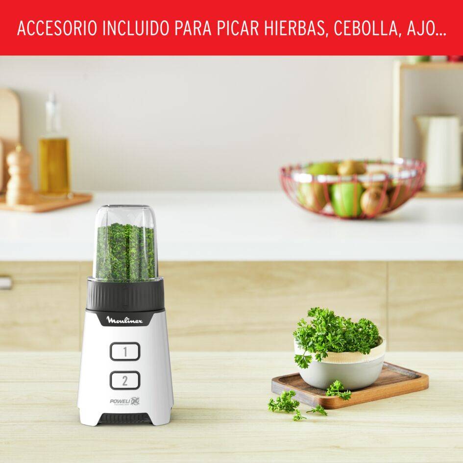 Minimix, Minibatidora compacta de vaso de cristal, 400 W, Tecnología Powelix, Cuchillas extraíbles, 2 velocidades, Vaso de cristal, Botella para llevar, Accesorio picador