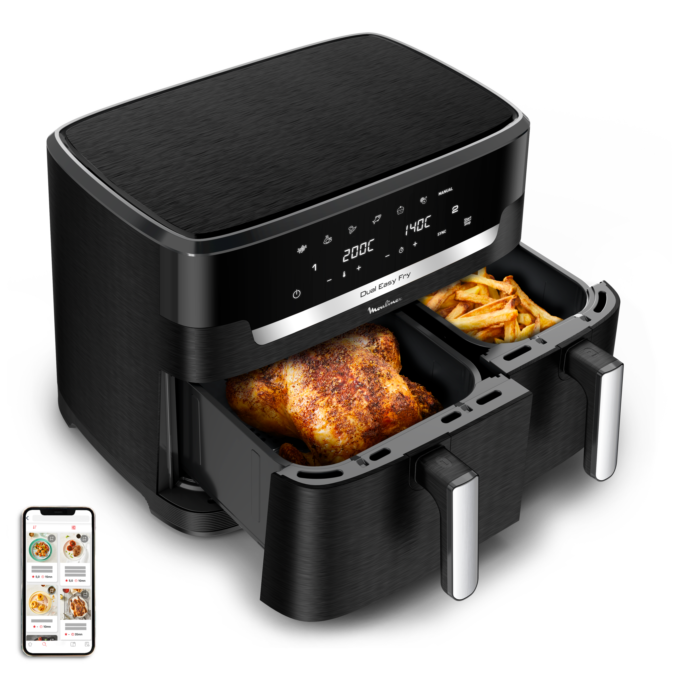 XXL Dual Easy Fry, Freidora de Aire Doble Cesta, Capacidad Familiar XXL, Cocción Sincronizada, 11 L de Capacidad, Negro