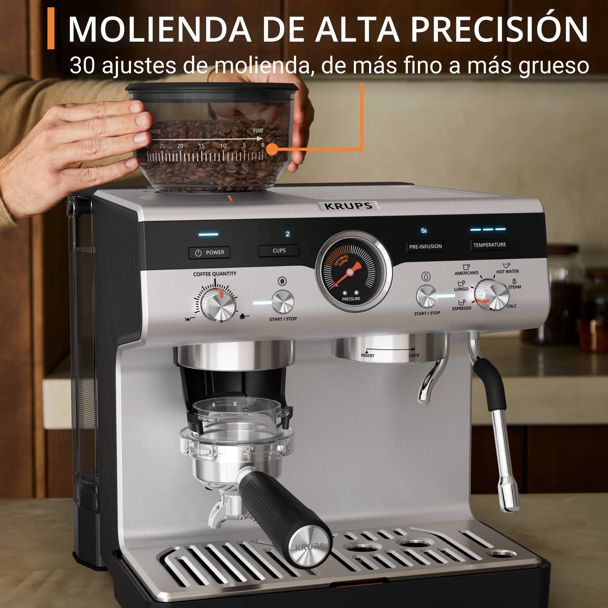 Precision, Cafetera profesional para espresso y capuccino, Molinillo cónico integrado, 30 ajustes de molienda, 15 bares, Inox