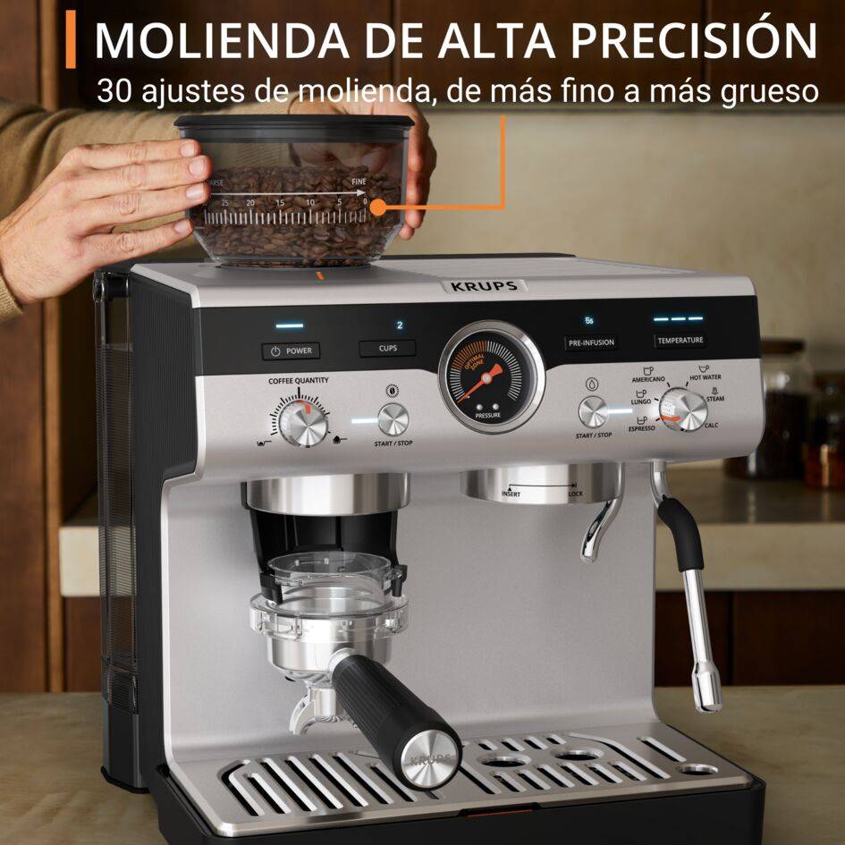 Precision, Cafetera profesional para espresso y capuccino, Molinillo cónico integrado, 30 ajustes de molienda, 15 bares, Inox