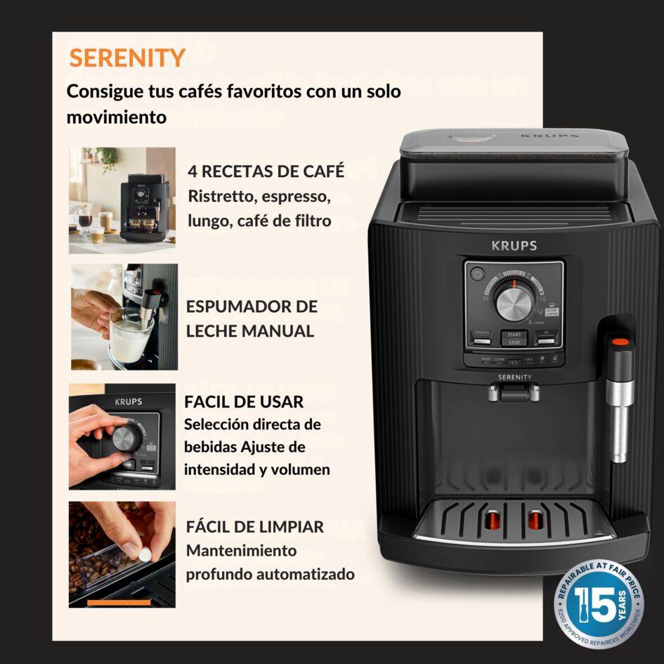 KRUPS Serenity, Superautomática, 4 Bebidas, Espumador de leche, Café en grano, 15 bares, 1.7L depósito agua, Negro