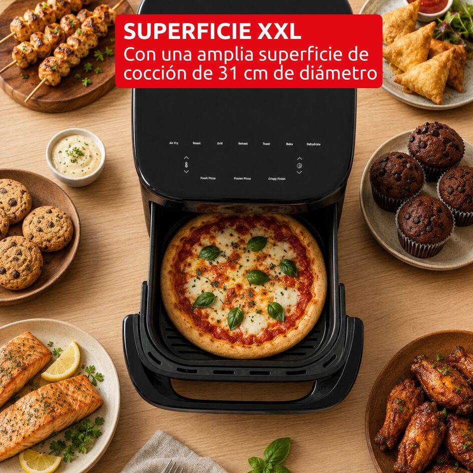 Ever Fry XXL Surface, Freidora de aire, Gran superficie de cocción, Tecnología por infrarrojos, 10 programas automáticos, Formato compacto, Ventana de visualización, Negro