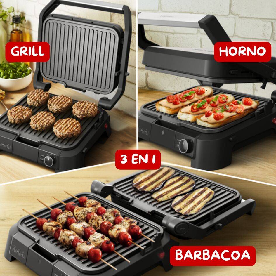 SuperGrill 3in1, Grill, Barbacoa y Horno, 2000 W, Termostato regulable, 3 alturas, Apertura a 180º