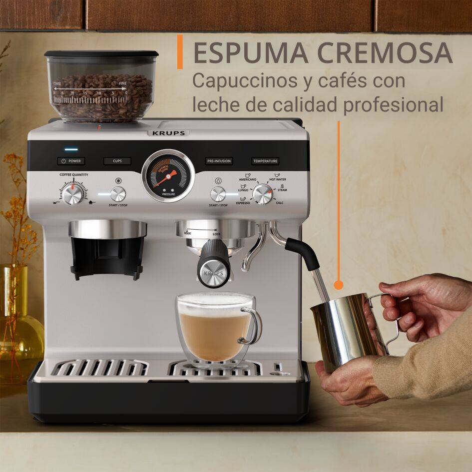 Precision, Cafetera profesional para espresso y capuccino, Molinillo cónico integrado, 30 ajustes de molienda, 15 bares, Inox