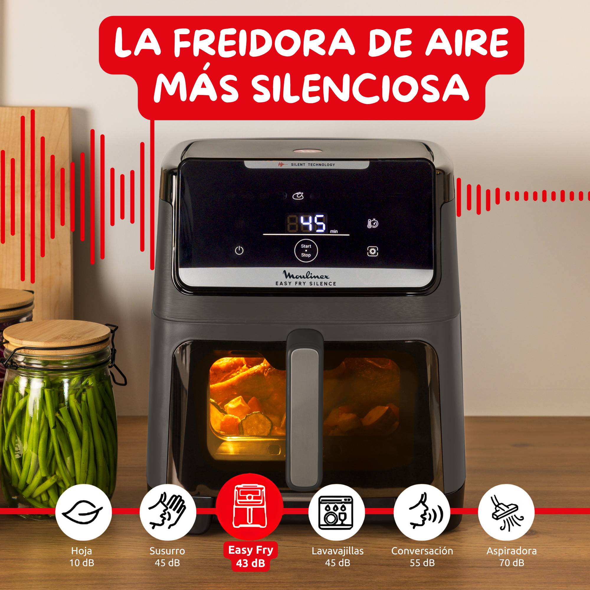 Easy Fry Silence Vision, Freidora de aire, 7L, Tecnología Silenciosa, Compacta, Panel Frontal Desmontable, Ventana Visualización, Gris