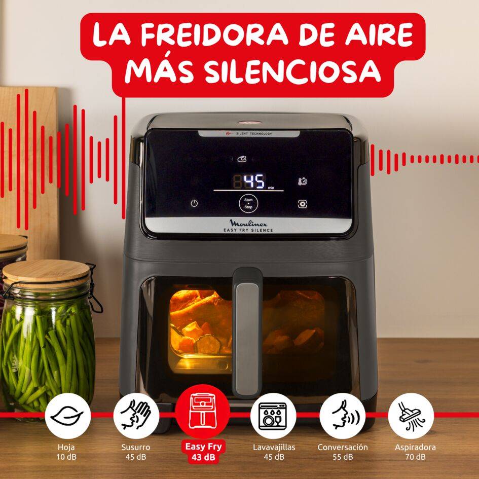 Easy Fry Silence Vision, Freidora de aire, 7L, Tecnología Silenciosa, Compacta, Panel Frontal Desmontable, Ventana Visualización, Gris