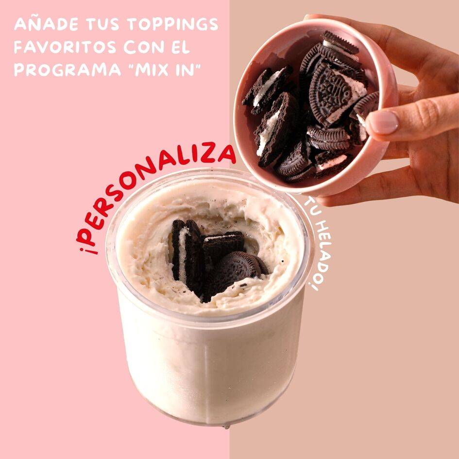 Dolci, Heladera, 9 Programas de Postres Helados, 3 Tarrinas de Tritán, Capacidad Total 1,4 L, 600 W, Resultados cremosos, Autolimpieza, Blanco roto