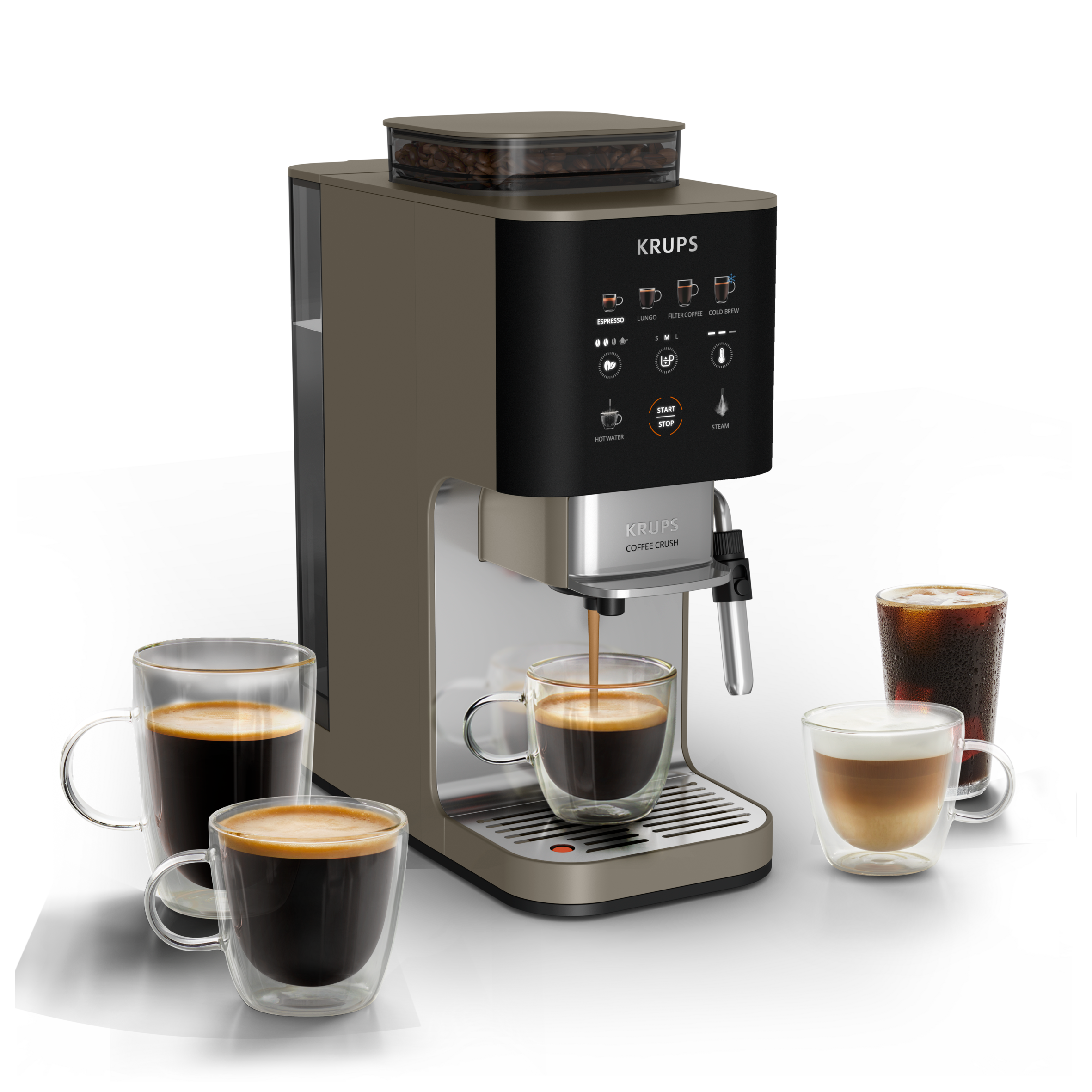KRUPS Coffee Crush, Cafetera Automática, Café en Grano y Café Molido, 15 Bares, 4 recetas de café, Pantalla táctil a color, Compacta 15 cm de ancho, Ajustes de intensidad de café, 5 niveles de molienda, Prensado automático, Espumador de leche