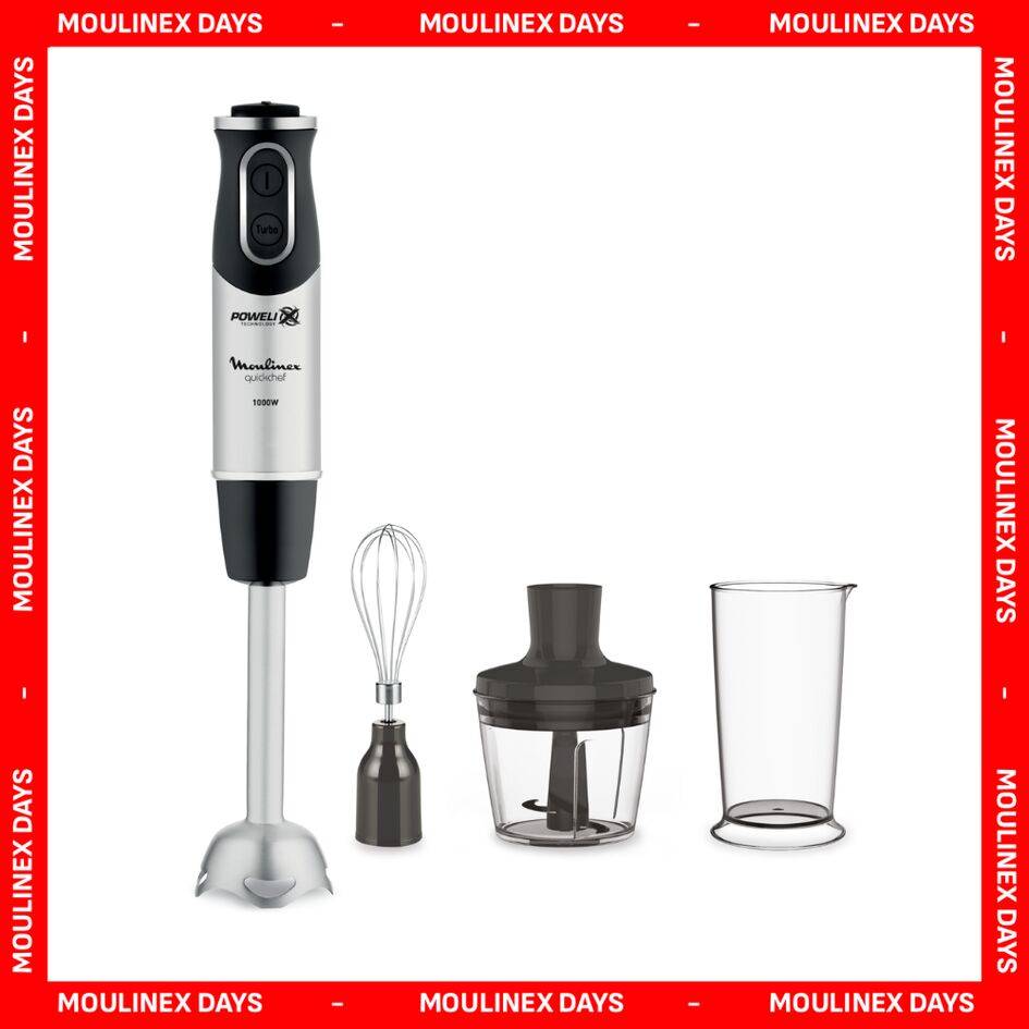Quickchef, Batidora de Mano, 1000W, 3 en 1, Picadora 500 ml, Vaso medidor 800 ml, Inox