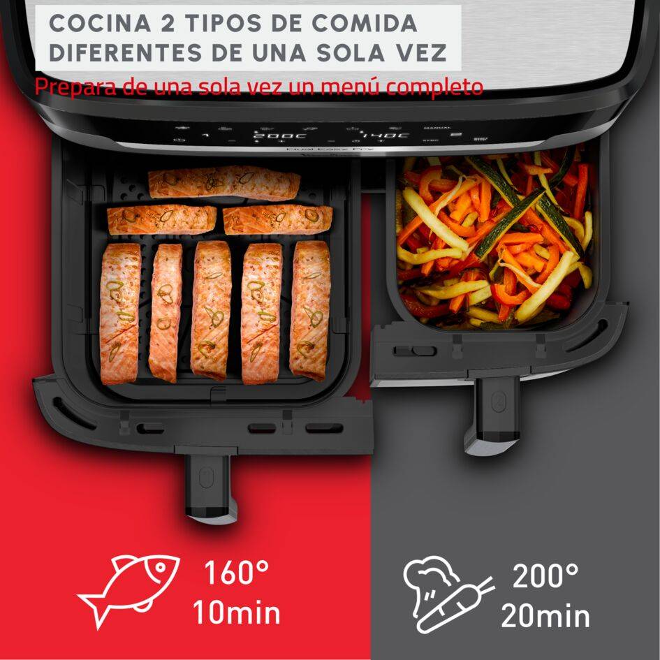 Dual Easy Fry, Freidora de aire de doble cesta XXL, 11 L, 2700 W, Cocción Sincronizada, +8 personas