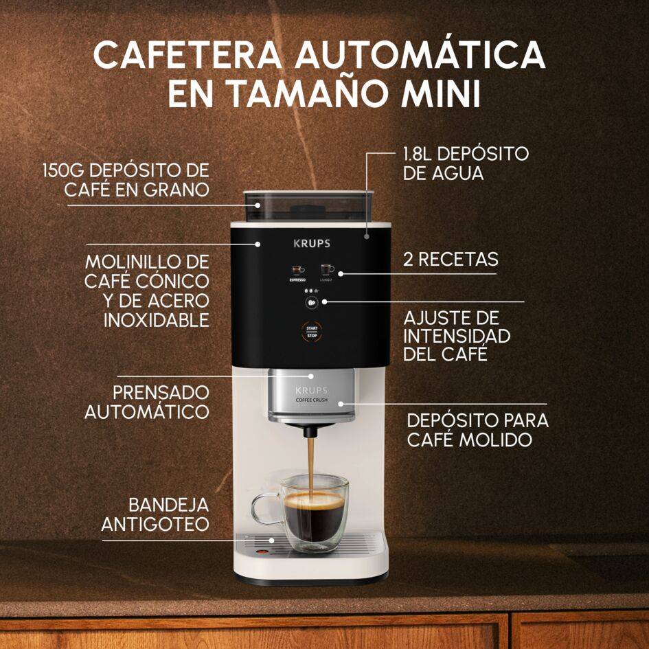 Coffee Crush, Cafetera Automática Compacta, Café en Grano y Molido, 15 Bares, 2 recetas, Pantalla táctil