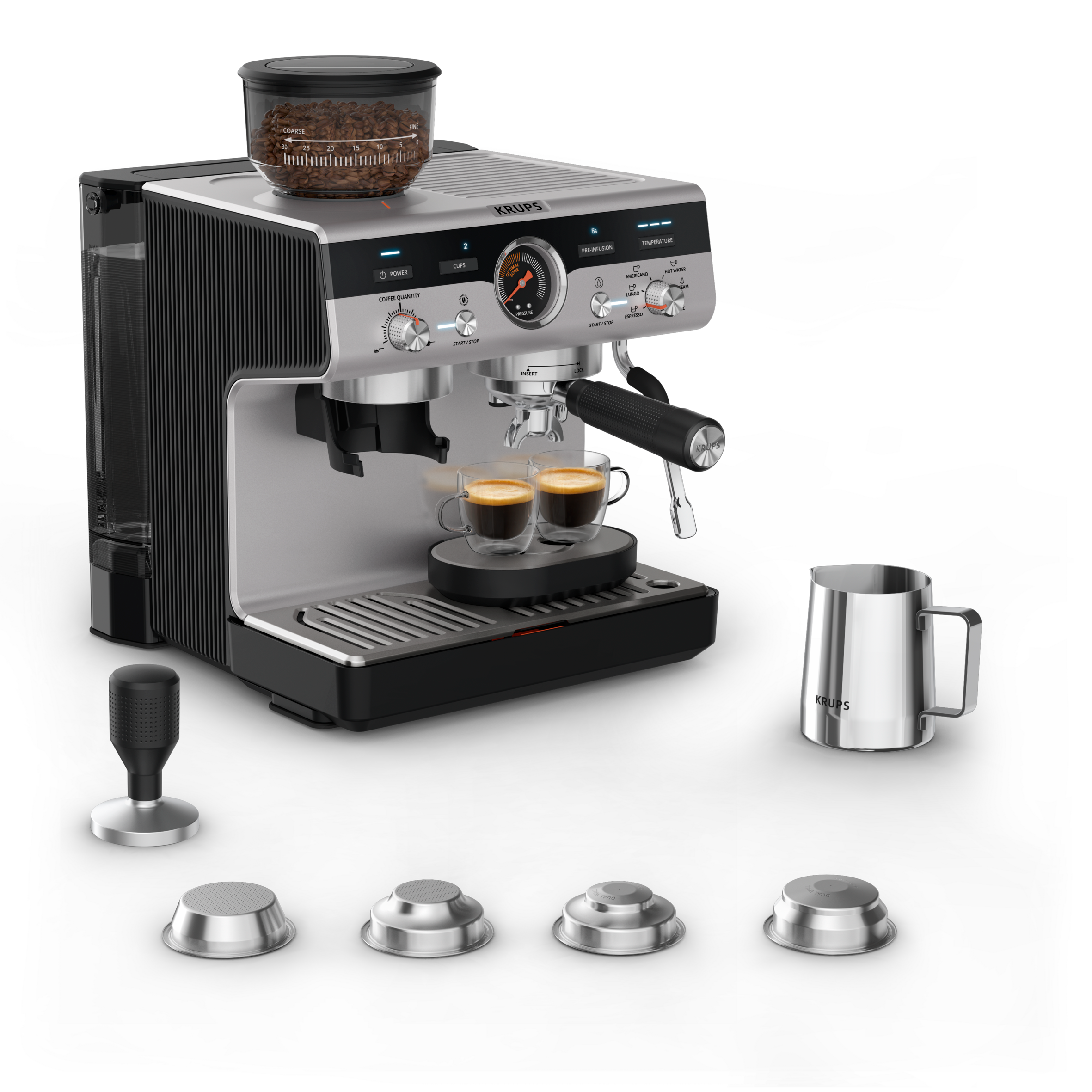Precision, Cafetera profesional para espresso y capuccino, Molinillo cónico integrado, 30 ajustes de molienda, 15 bares, Inox