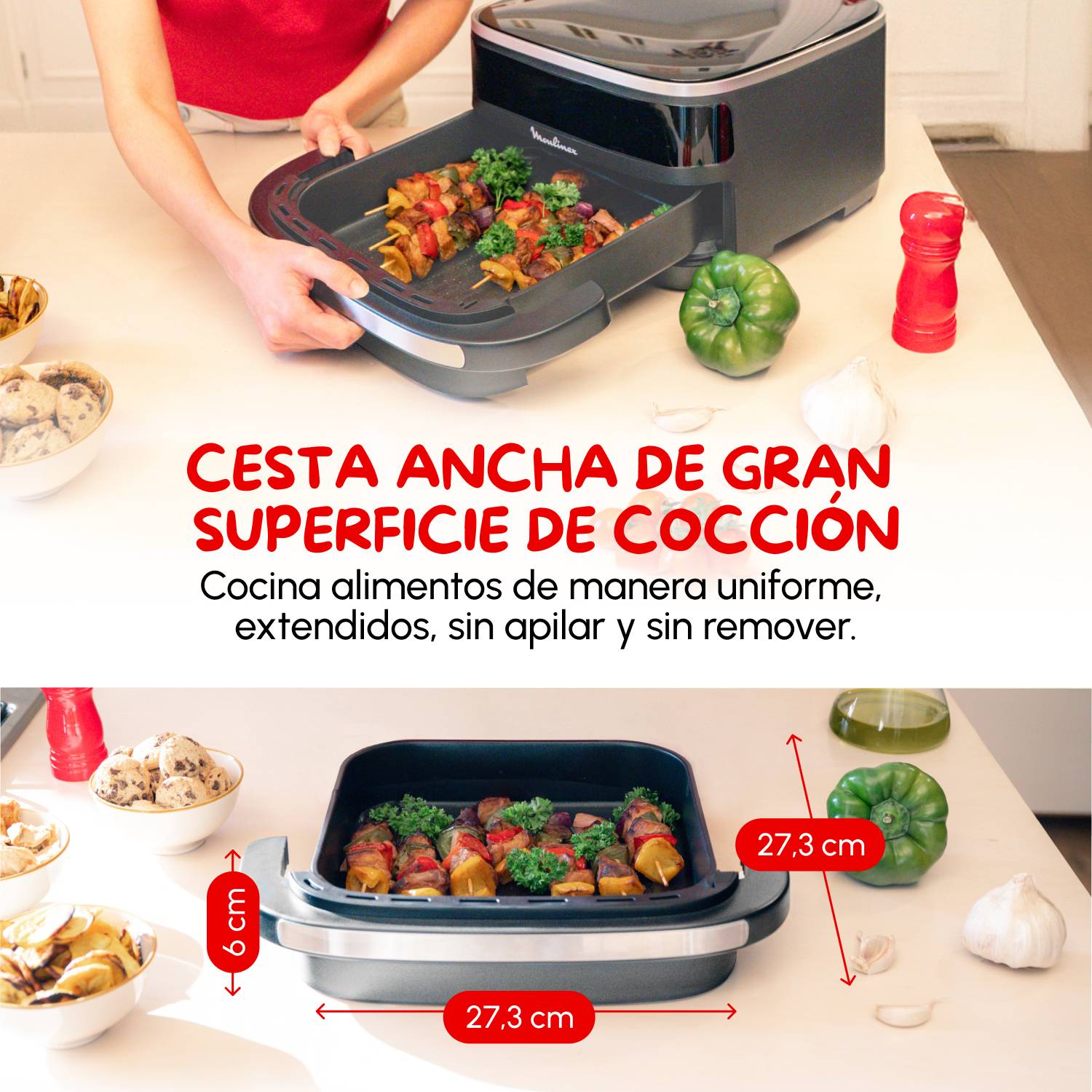 Easy Fry XL Surface, Freidora de Aire, Gran Superficie de Cocción, Doble Resistencia, Formato Compacto, Ventana de Visualización