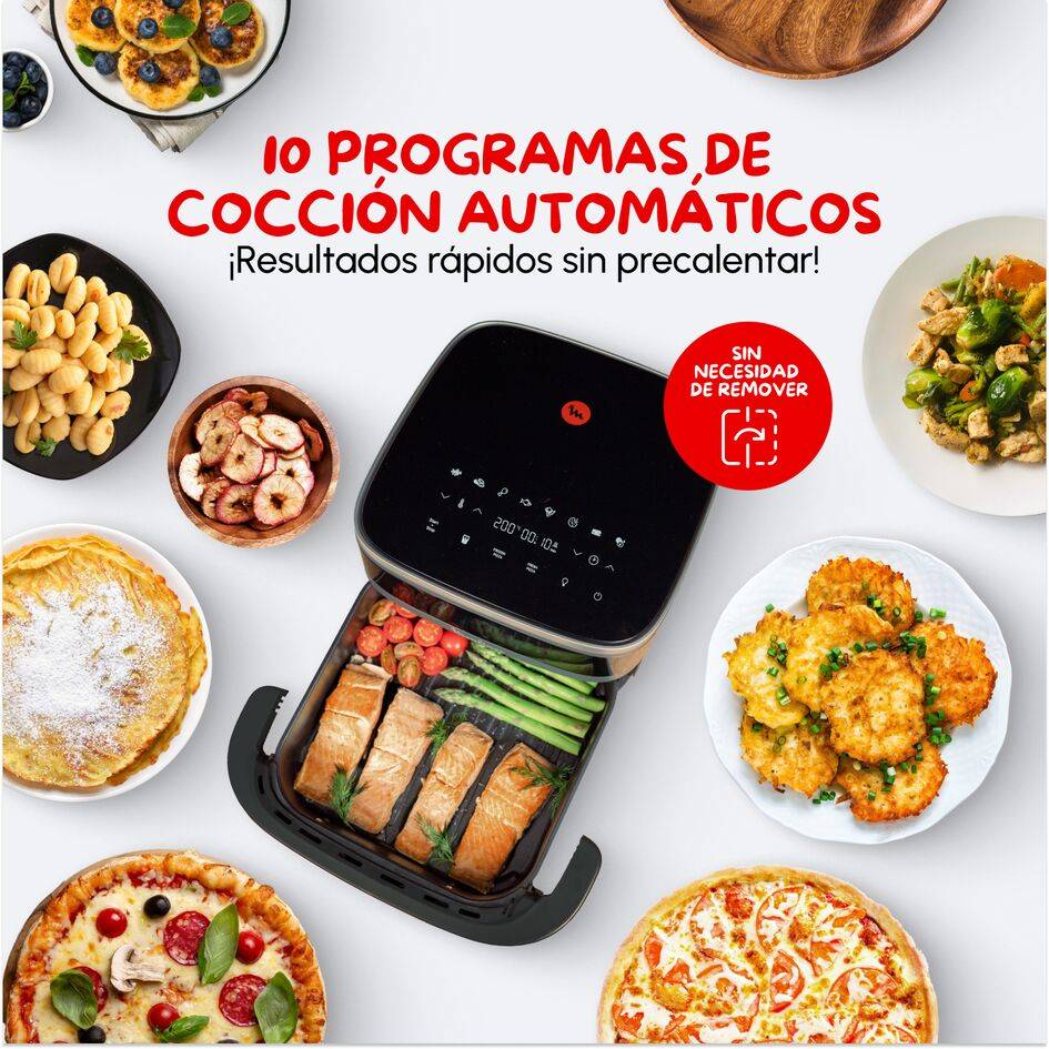 Easy Fry XL Surface, Freidora de Aire, Gran Superficie de Cocción, Doble Resistencia, 10 Programas Automáticos, Formato Compacto, Ventana de Visualización, Negro