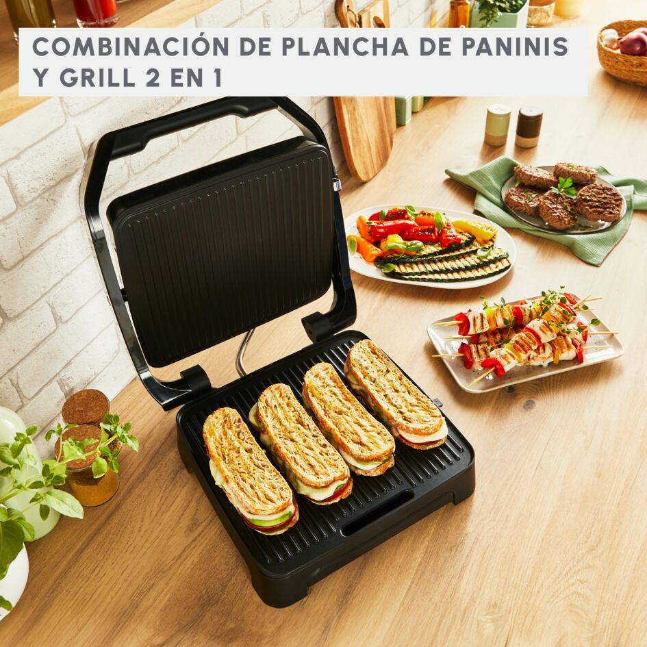 Inicio, Plancha de paninis y grill 2 en 1, Rápido calentamiento, Placas Antiadherentes, Negro