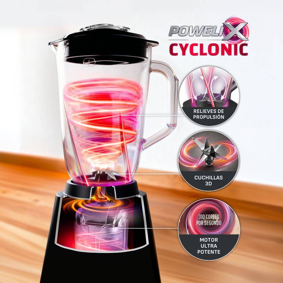 Blendforce, Batidora de vaso, 800 W, Tecnología Powelix Cyclonic, Jarra de vidrio de 1,9 L, Negro