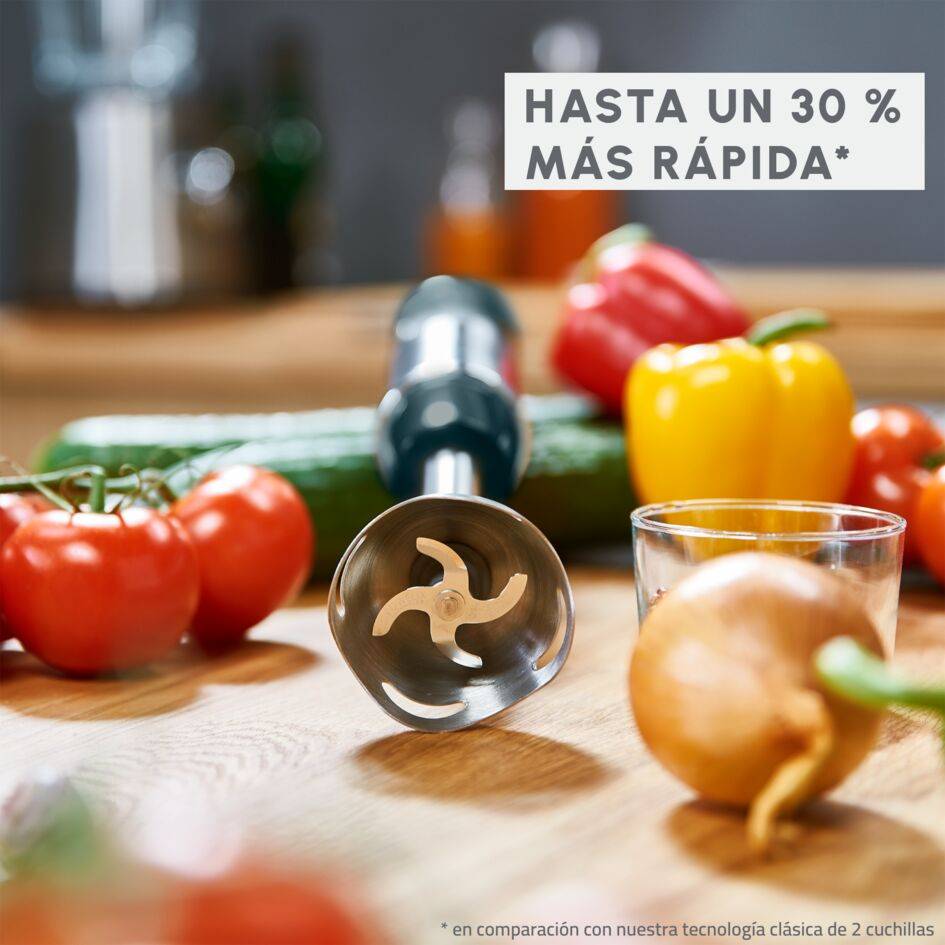 Quickchef, Batidora de mano 3 en 1 con picadora, 1000 W, 4 Cuchillas Powelix, Varillas y Vaso Medidor, Eucalipto