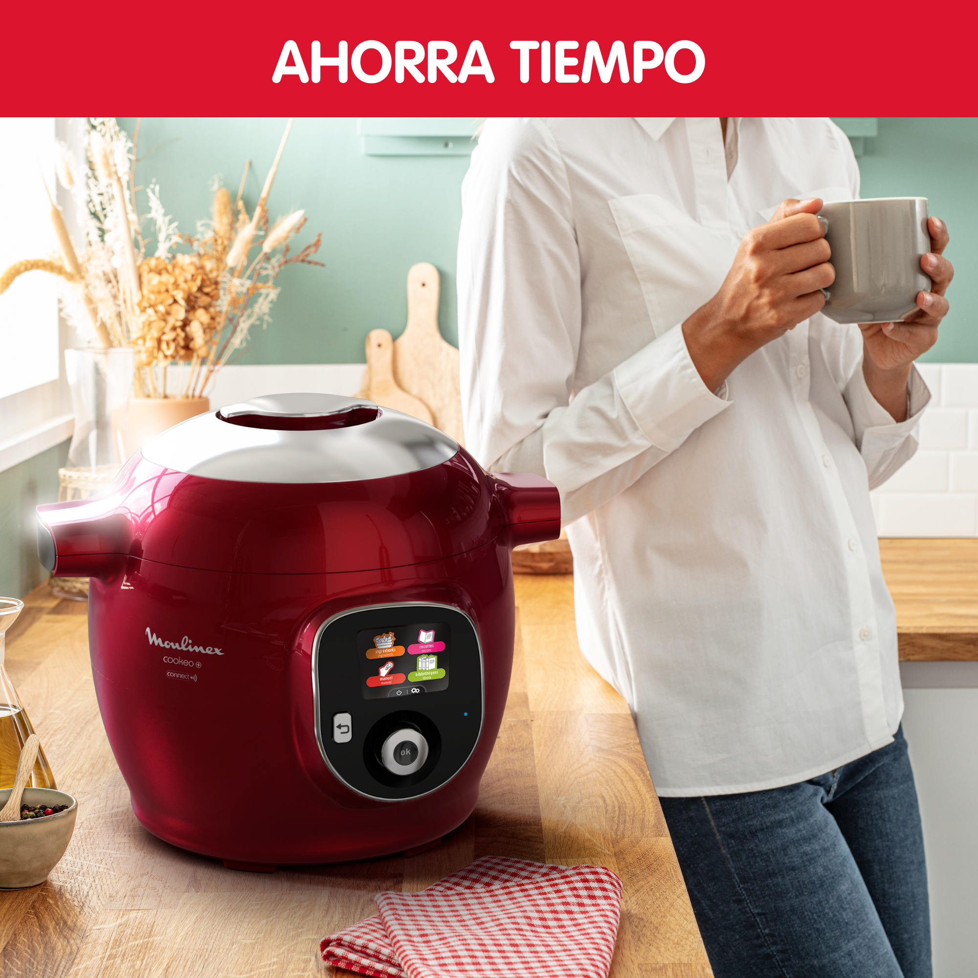 Cookeo+, Olla Eléctrica Programable, 6L, 6 Programas, 200 Recetas, Rojo
