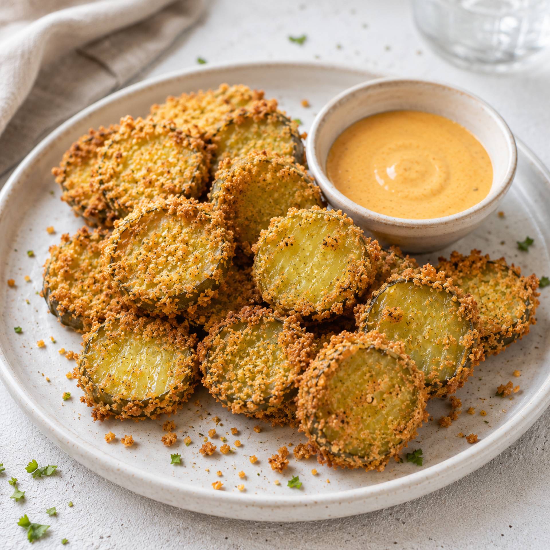 Chips de pepinillo fritas con dip de cheddar - Receta Crisp&Go 3P | Moulinex
