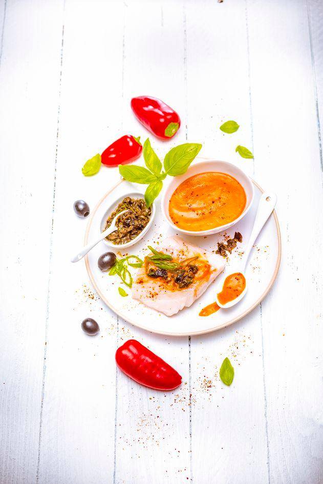 Coulis de pimientos con vinagre balsámico y aceitunas negras trituradas con albahaca - Receta Perfectmix Cook | Moulinex