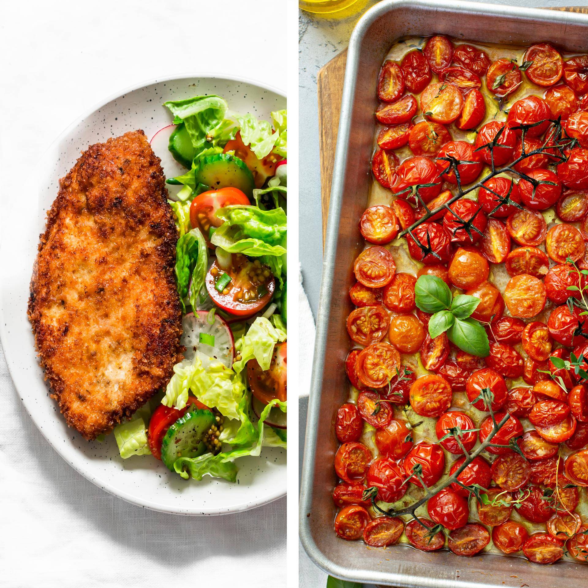 Pollo a la milanesa, ensalada mediterránea y tomates cherry asados - Receta Dual EasyFry&Grill | Moulinex