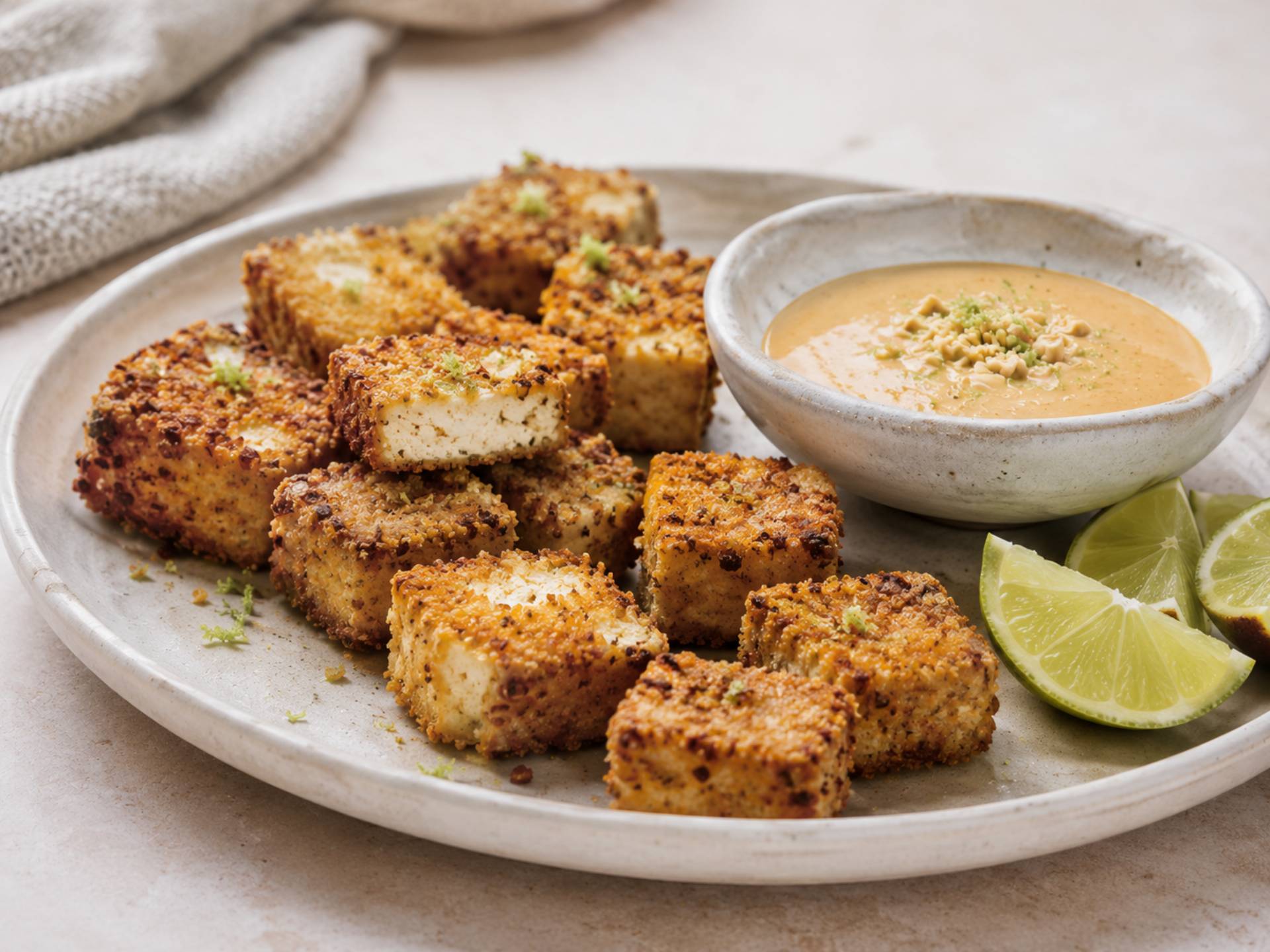 Nuggets de tofu con salsa de cacahuete y lima - Receta Crisp&Go 4P | Moulinex
