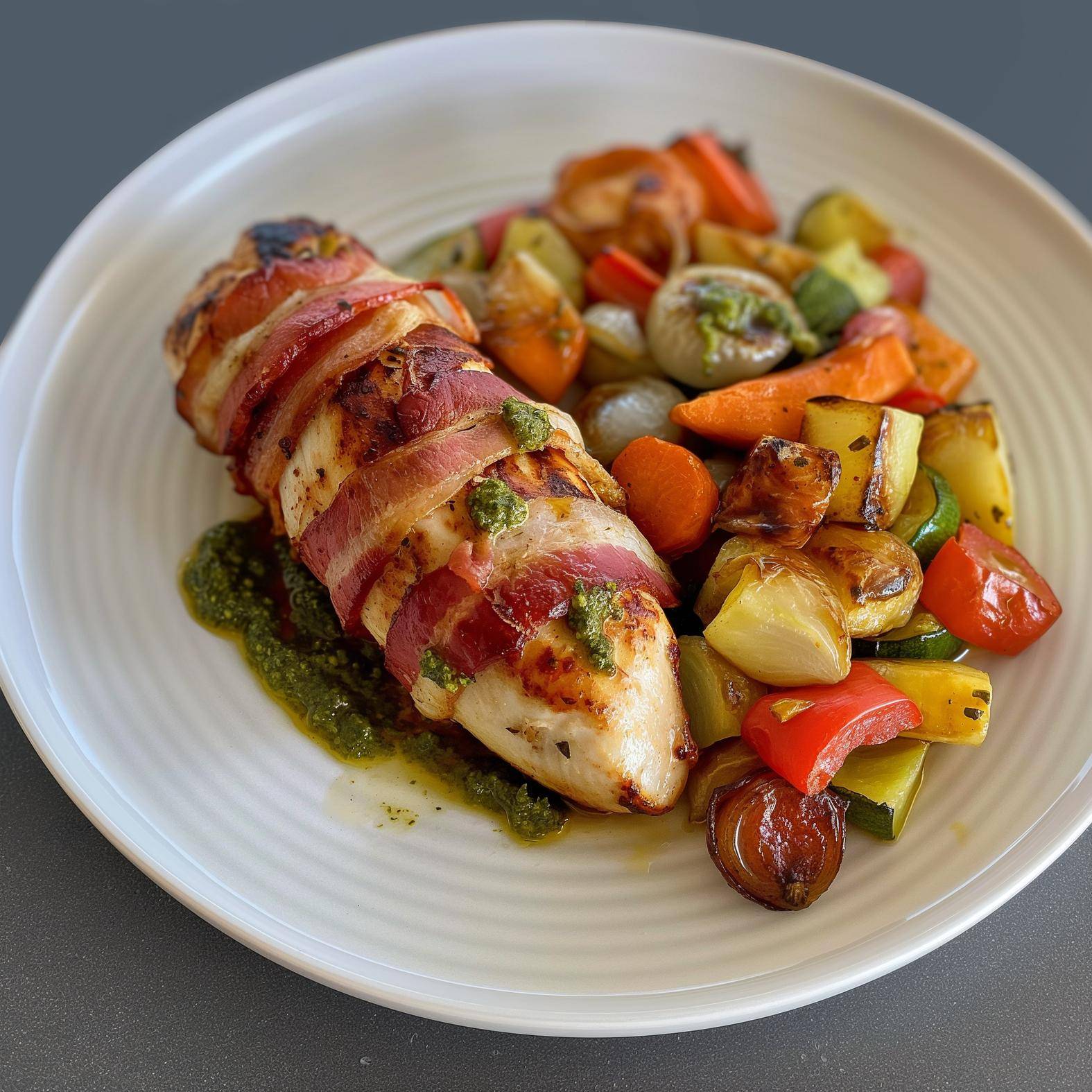 Filetes de pollo con beicon y verduras al pesto rojo - Receta Easy Fry Mega | Moulinex