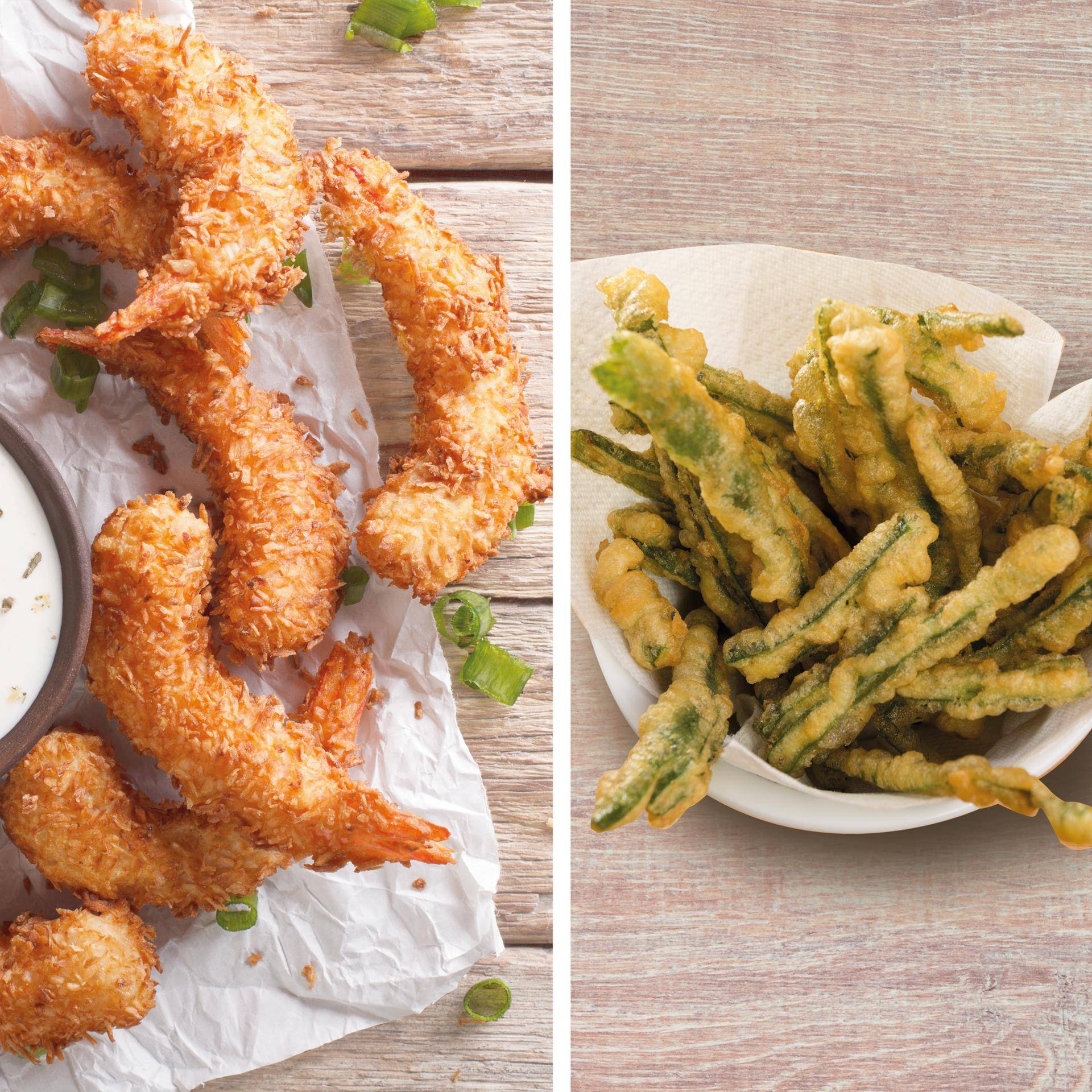 Langostinos rebozados en cerveza y tempura de judías verdes - Receta DUAL EASY FRY XXL | Moulinex