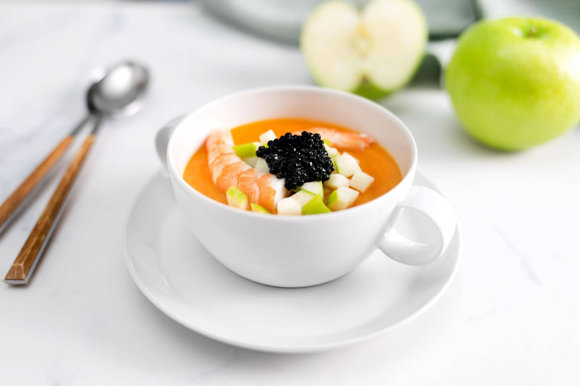 Crema de batata al curry con langostinos y huevas - Receta Companion | Moulinex
