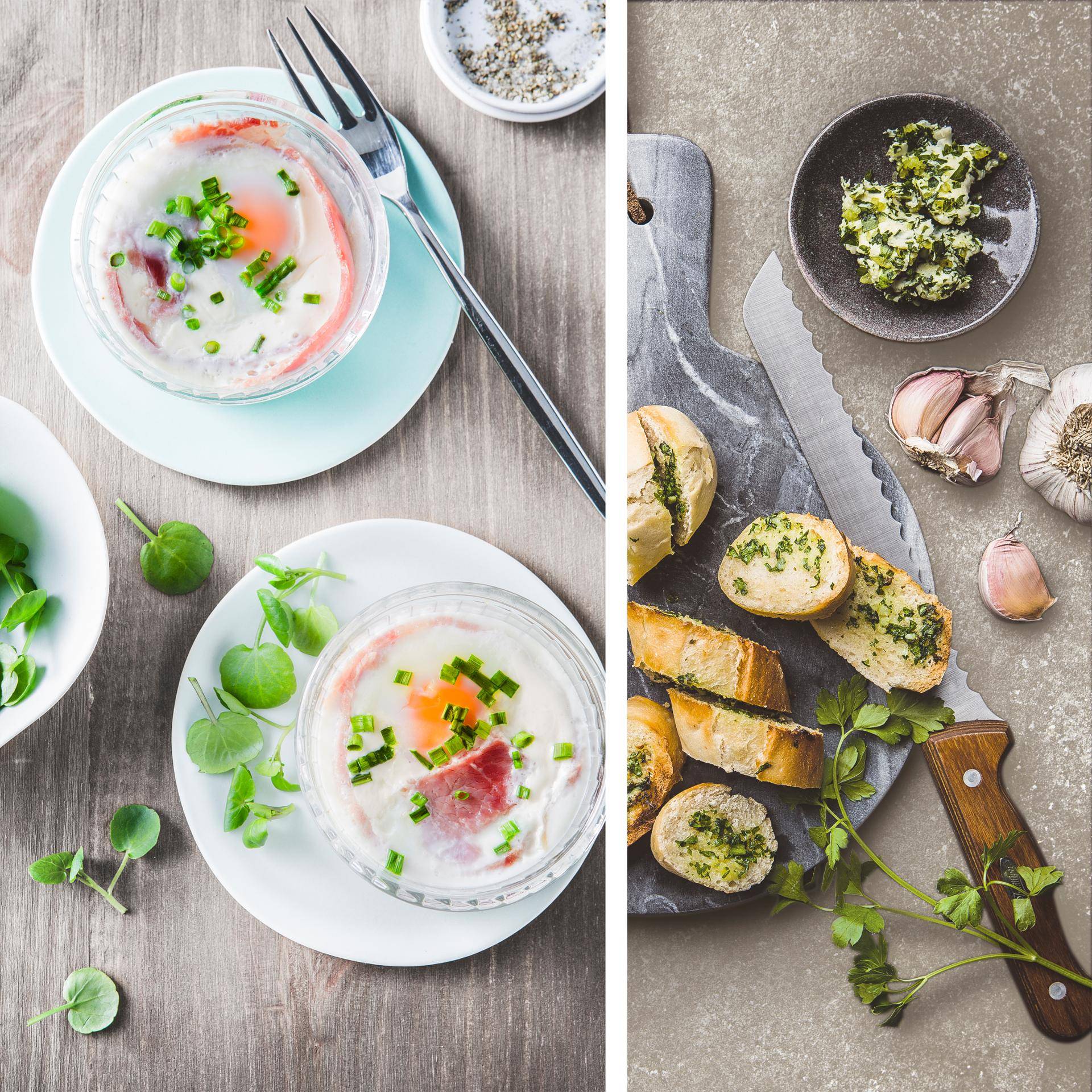 Huevos cocotte con pancetta y pan de ajo - Receta Dual EasyFry&Grill | Moulinex