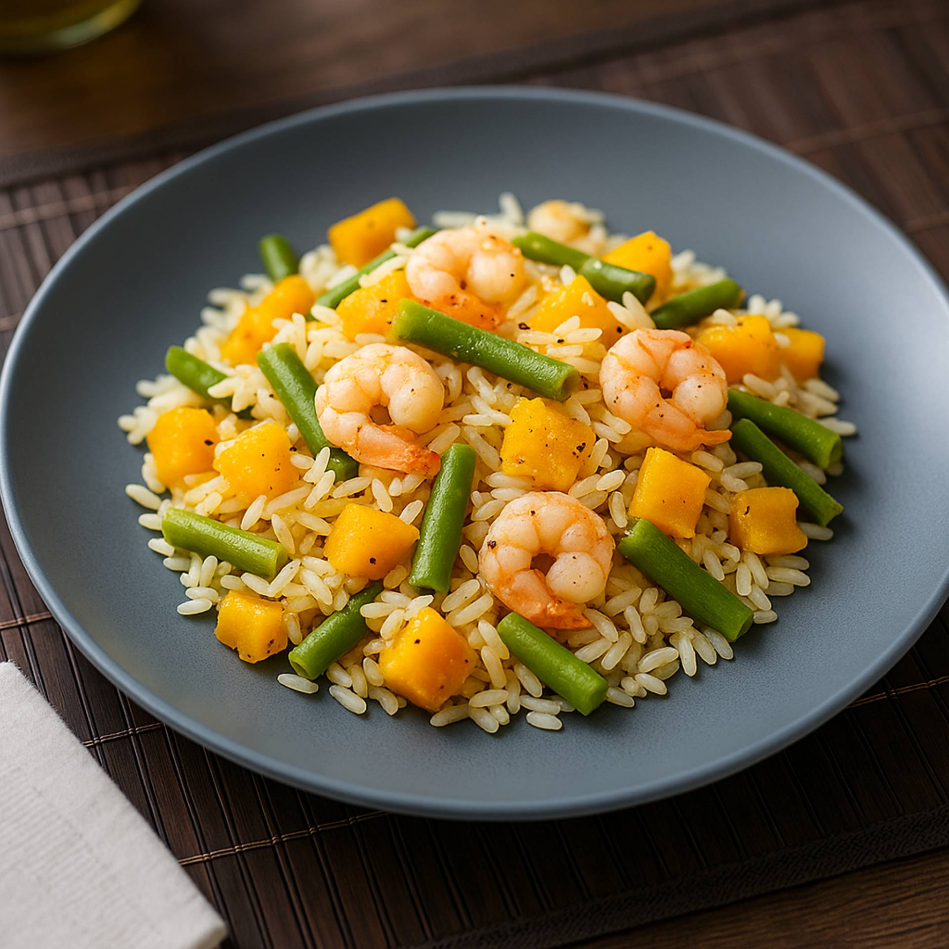Salteado de arroz con gambas y huerta dulce - Receta Companion Connect XL | Moulinex