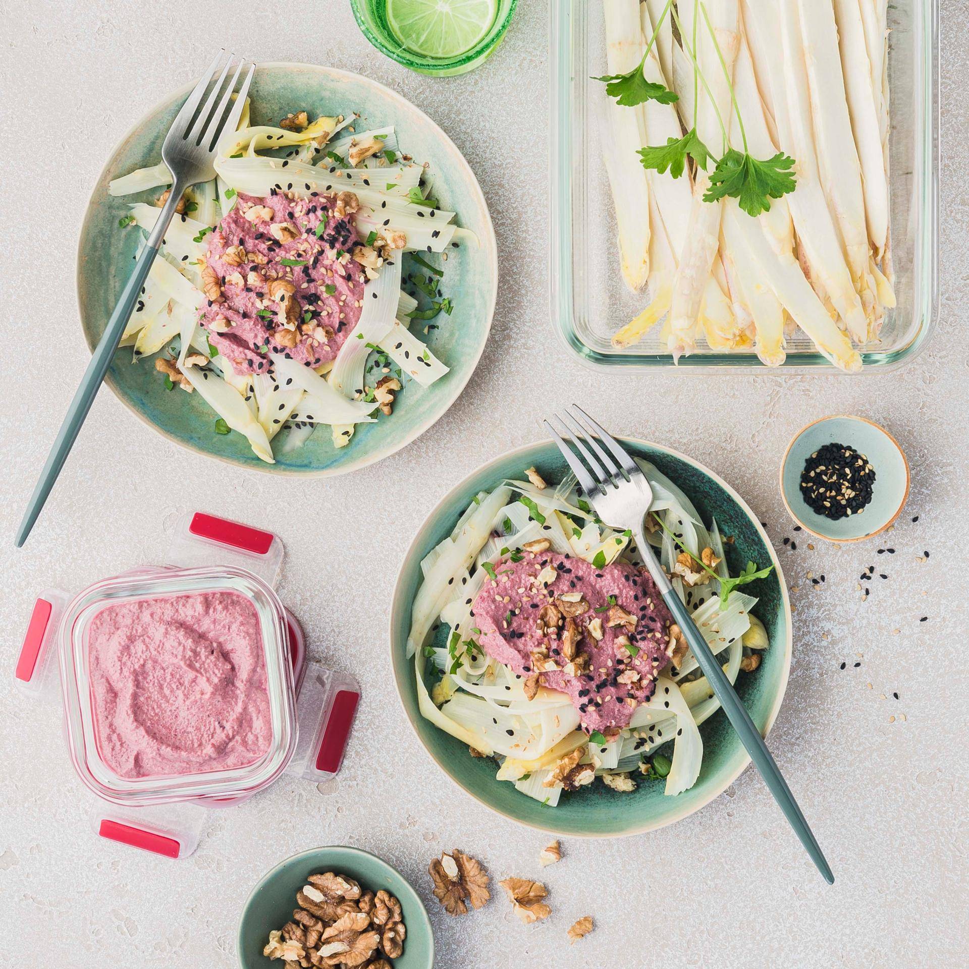 Tagliatelle de espárragos con crema de remolacha - Receta Companion | Moulinex