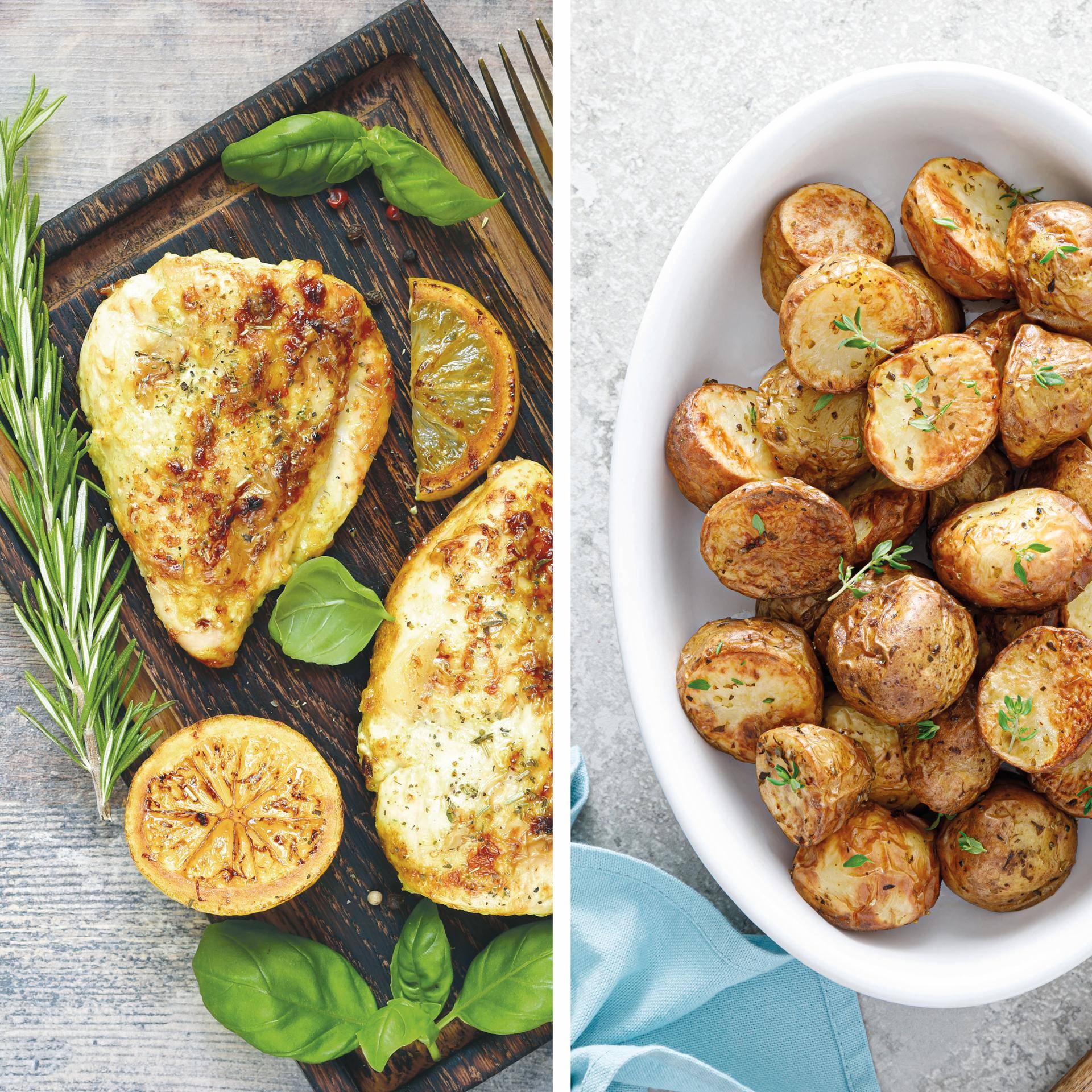 Pollo a la parrilla al estilo griego con patatas al limón - Receta Easy Fry XL Surface | Moulinex