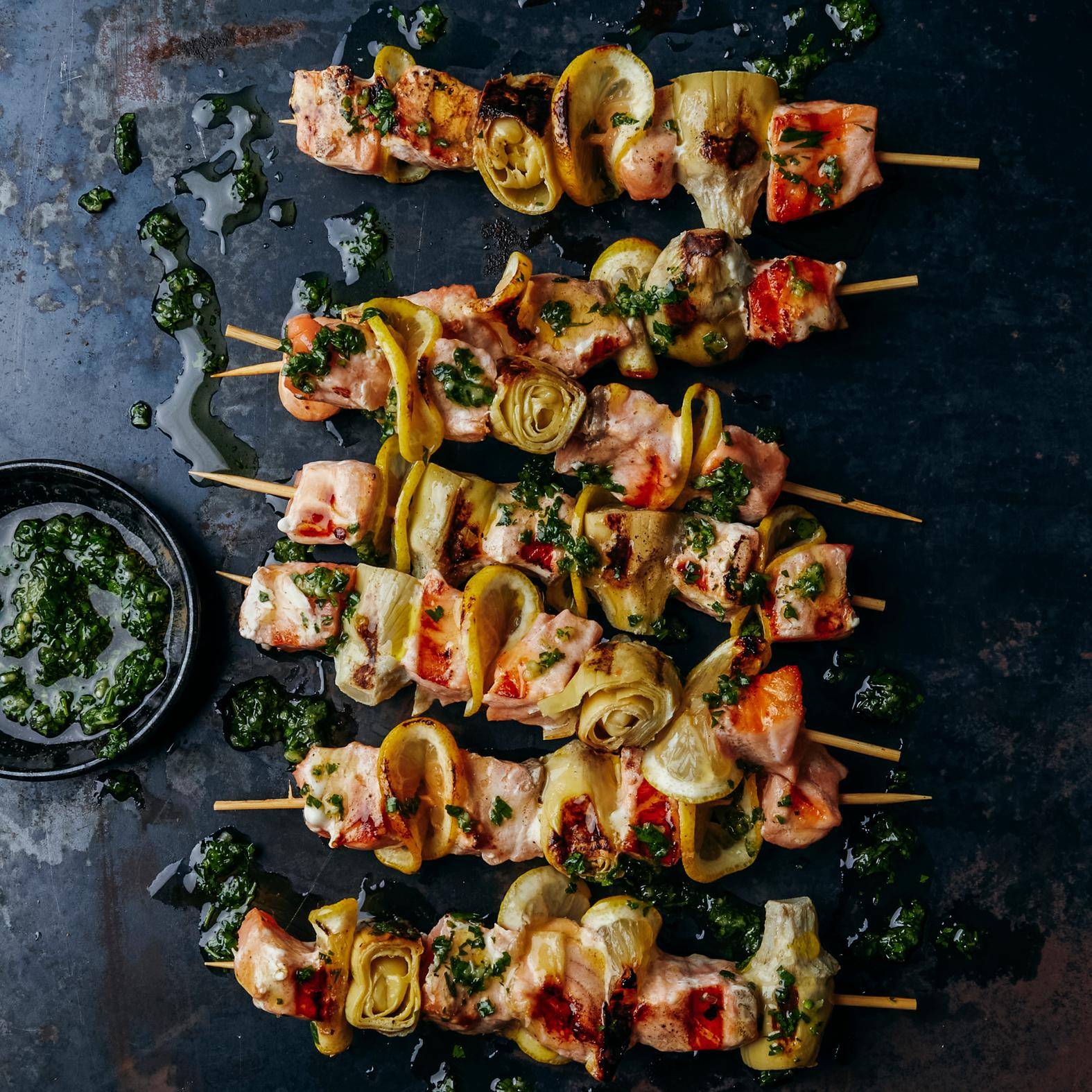 Brochetas mediterráneas de salmón y alcachofa - Receta OptiGrill 4in1 | Moulinex