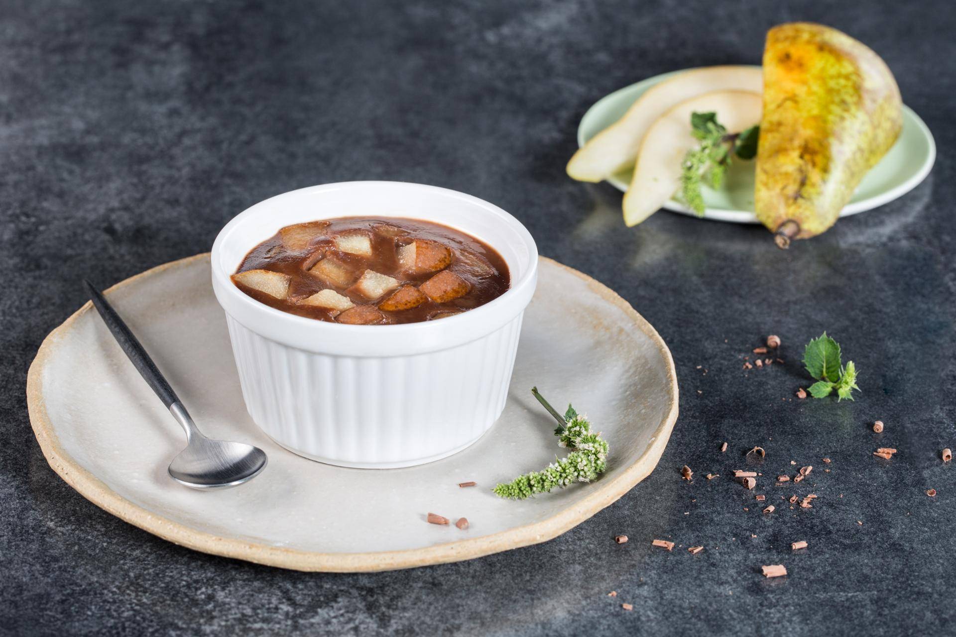 Flan de pera, chocolate y caramelo - Receta Cookeo | Moulinex