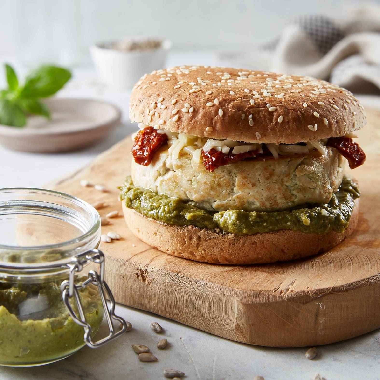 Hamburguesa de pollo con pesto de brócoli - Receta Perfectmix Cook | Moulinex