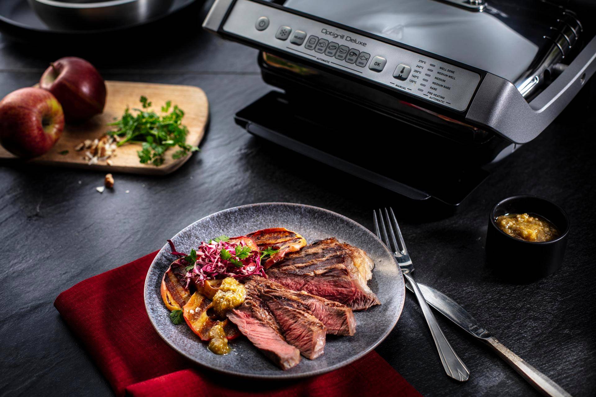 Filete de cadera de ternera con pesto de frutos secos y manzana a la plancha - Receta OptiGrill + | Moulinex