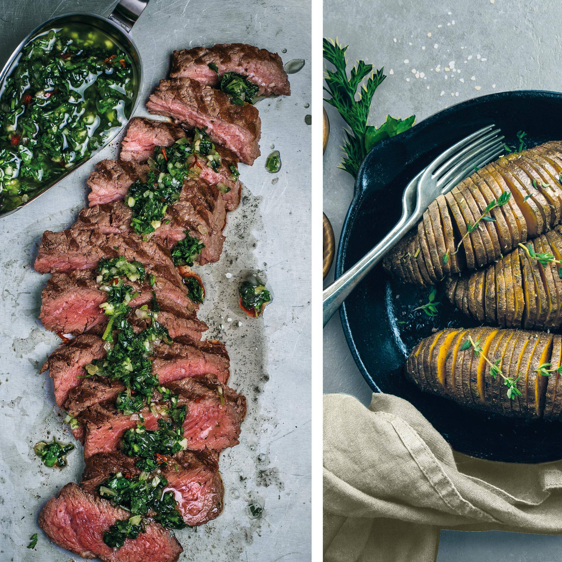 Ternera al chimichurri con boniatos Hasselback - Receta Easy Fry XL Surface | Moulinex